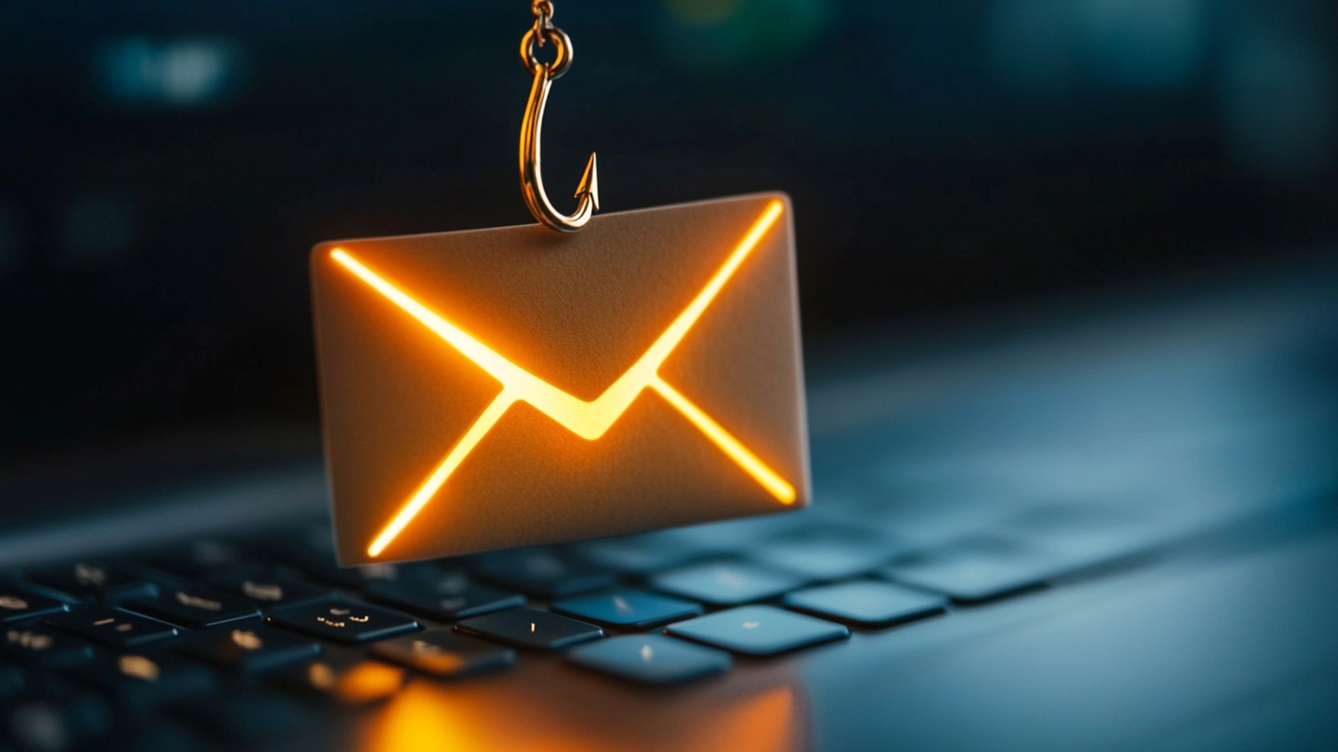 Glowing envelope icon hanging on a fishing hook above a laptop keyboard representing phishing email.