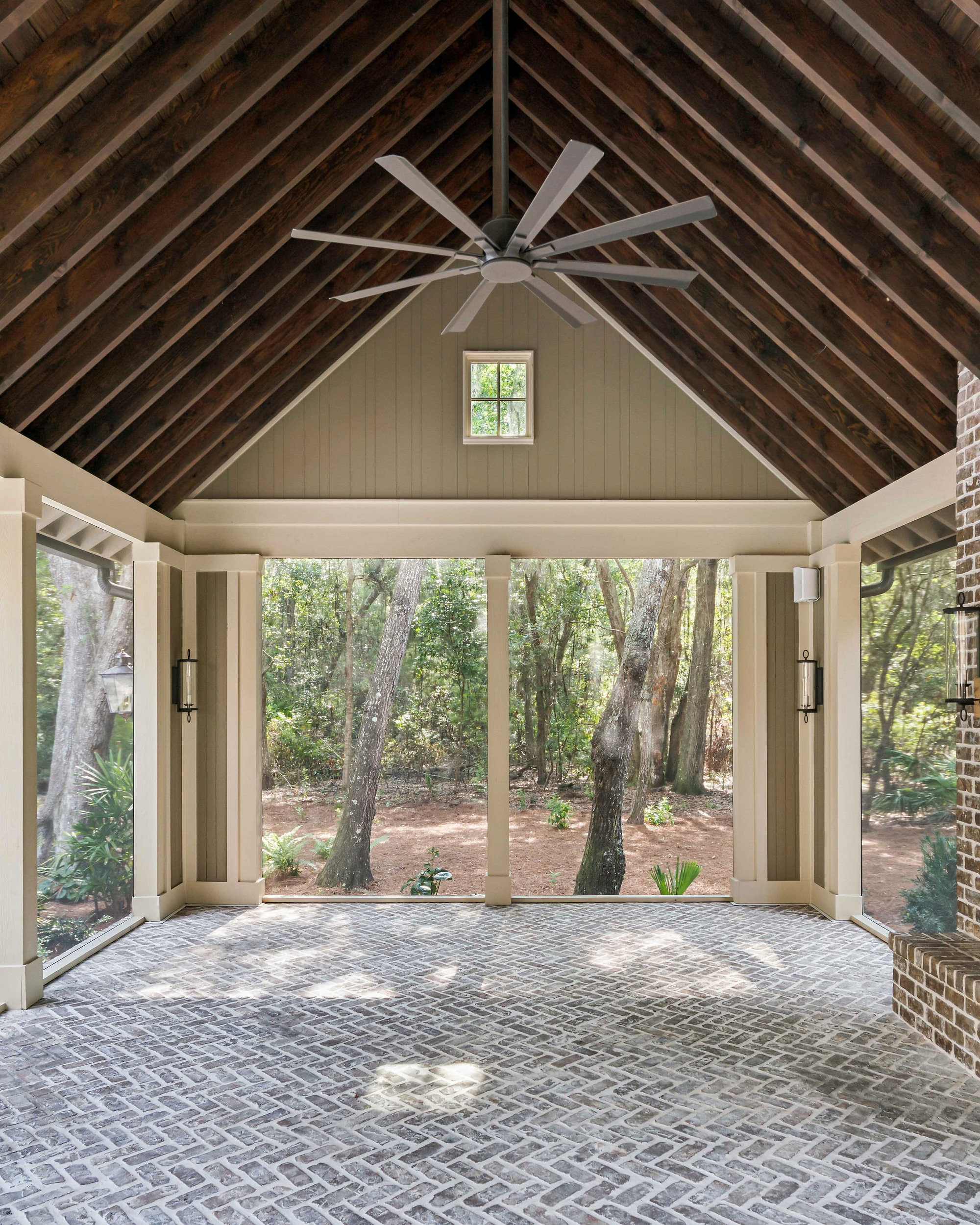 Moss Grove, Flanagan Development, St. Simons Island: pool house interior with vaulted cedar ceiling