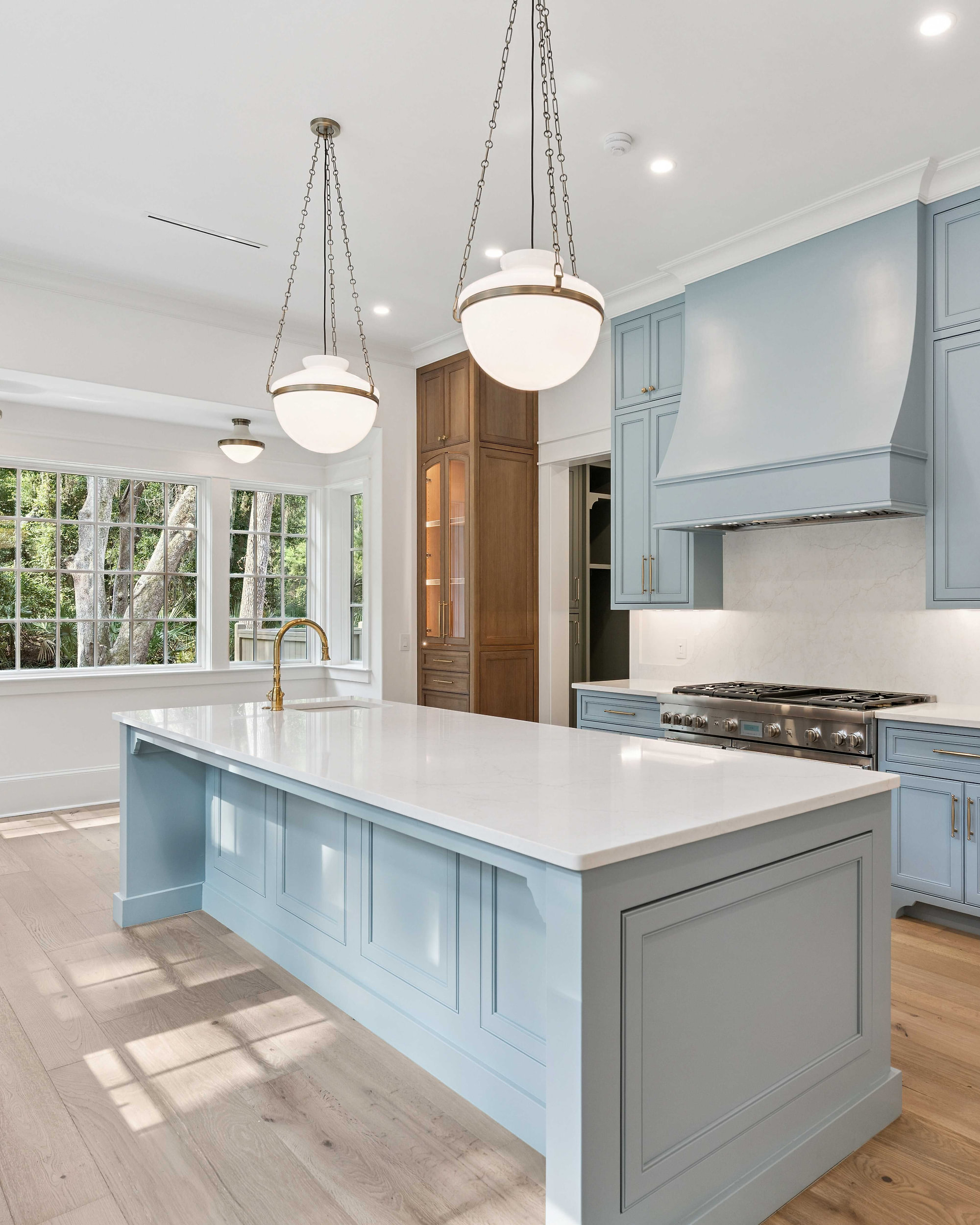 Moss Grove, Flanagan Development, St. Simons Island: kitchen island with pendant lights