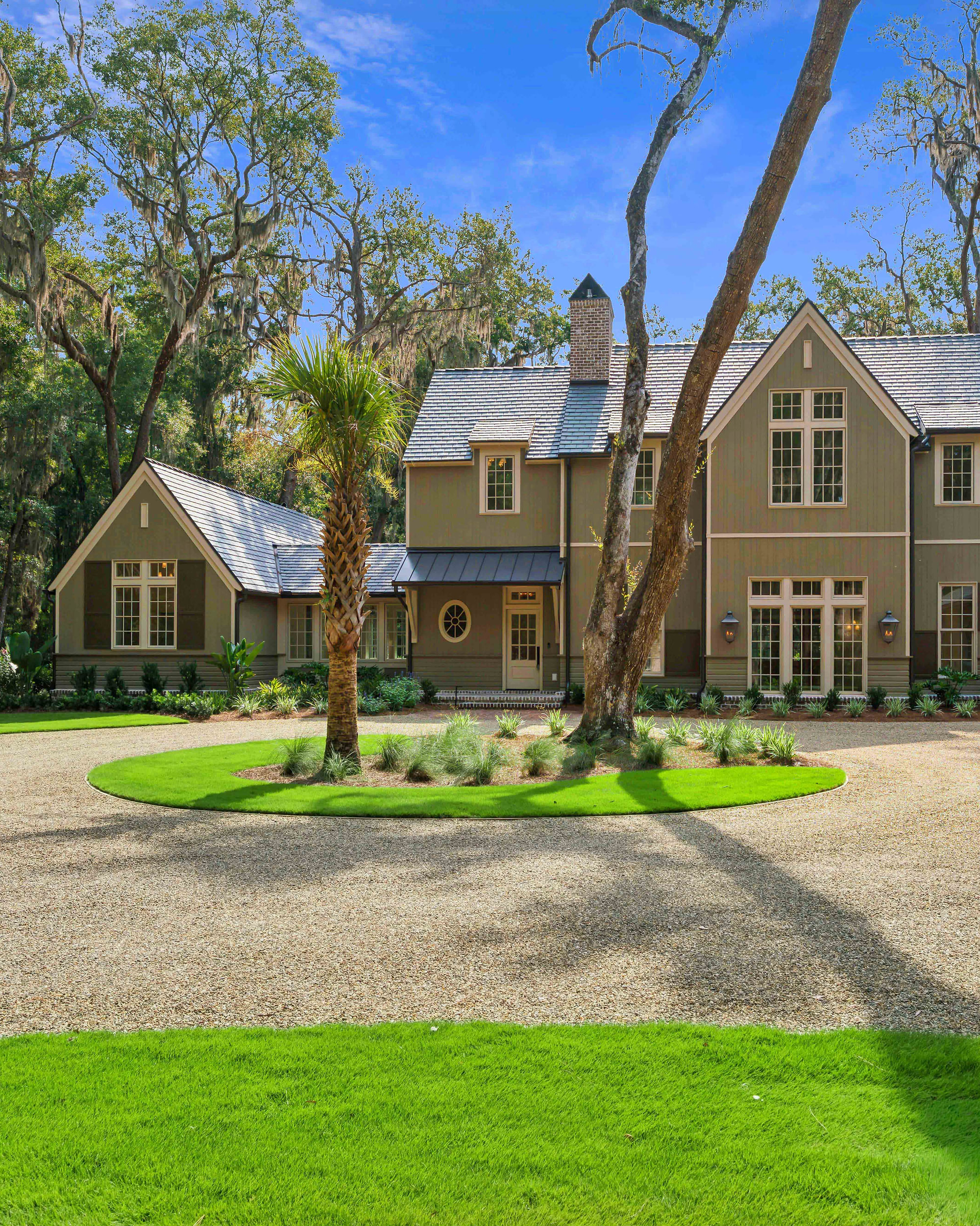Moss Grove, Flanagan Development, St. Simons Island: front elevation framed by a live oak