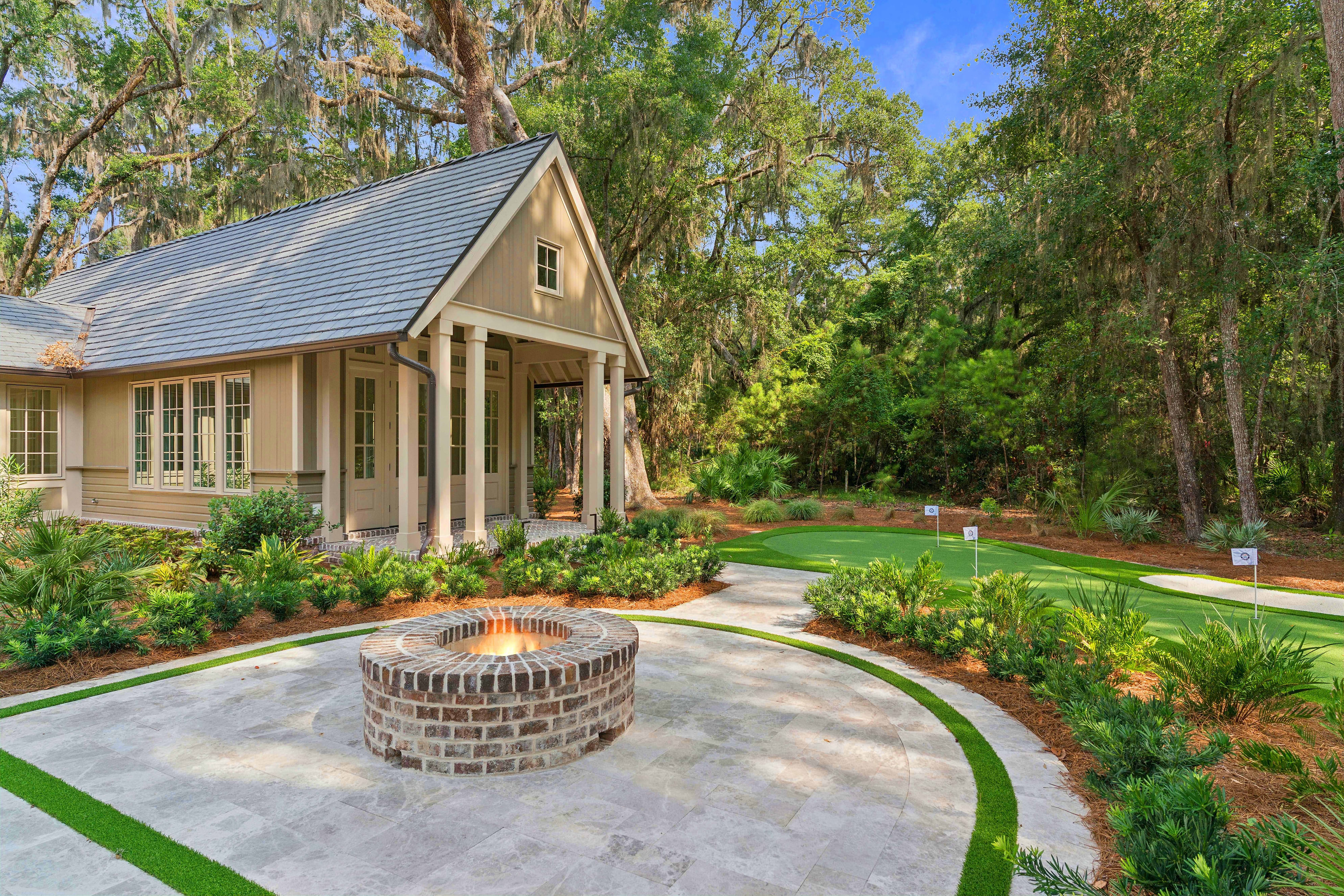 Moss Grove, Flanagan Development, St. Simons Island: pool house, fire pit and putting green