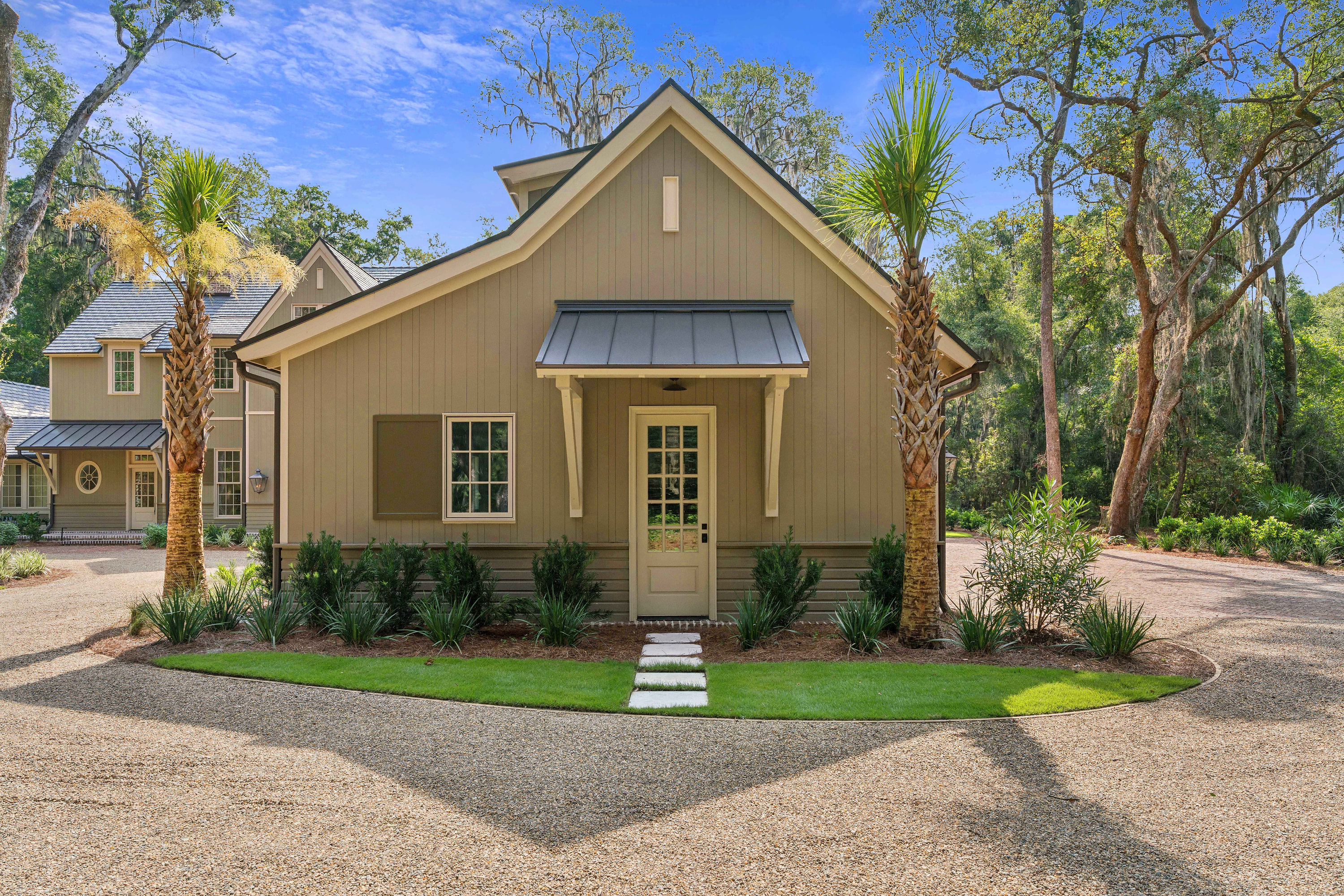 Moss Grove, Flanagan Development, St. Simons Island: carriage house entry with palms
