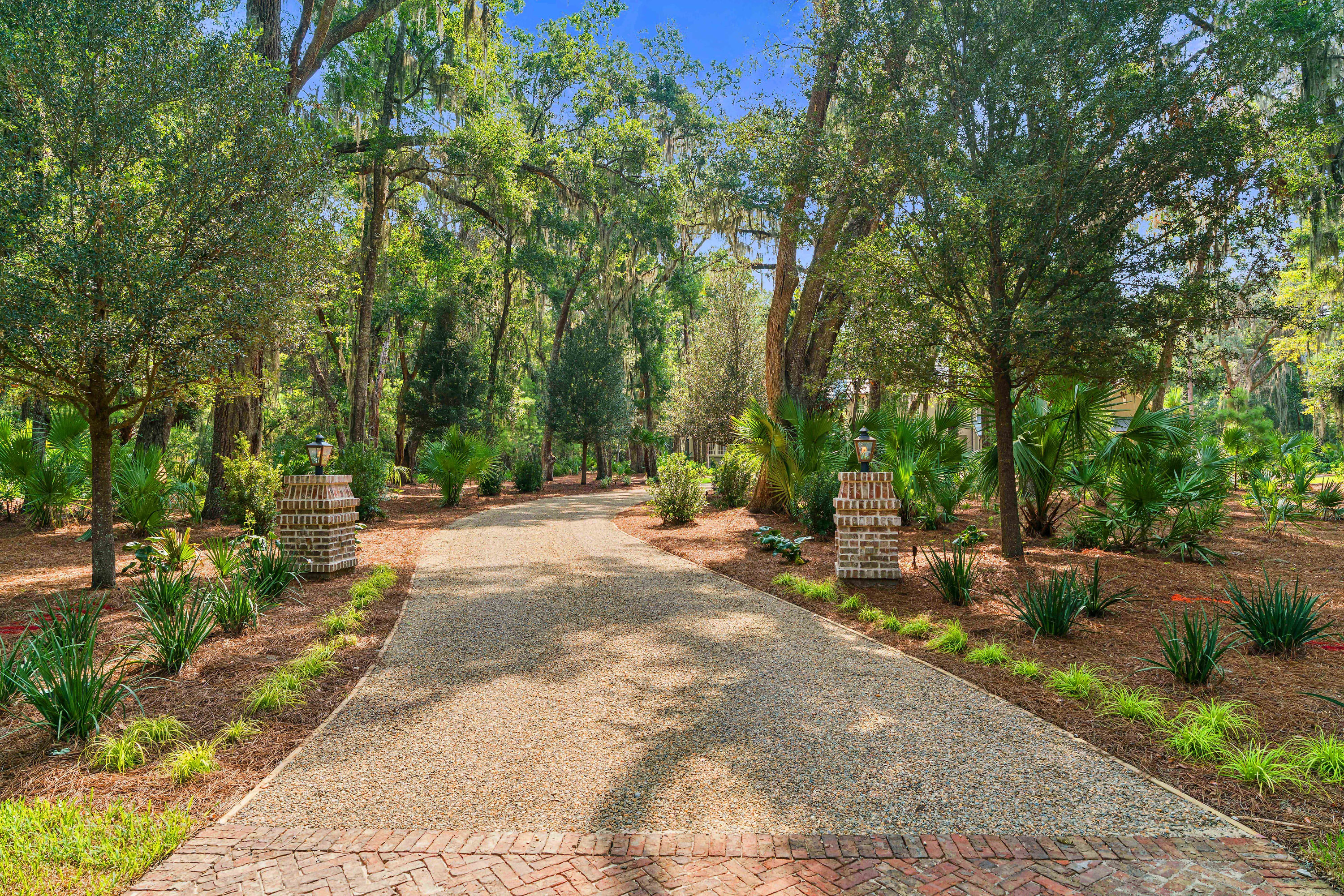 Moss Grove, Flanagan Development, St. Simons Island: driveway entrance with brick pillars