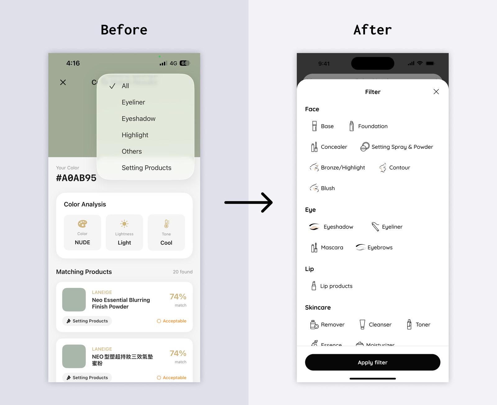 Before and after: filter categorization