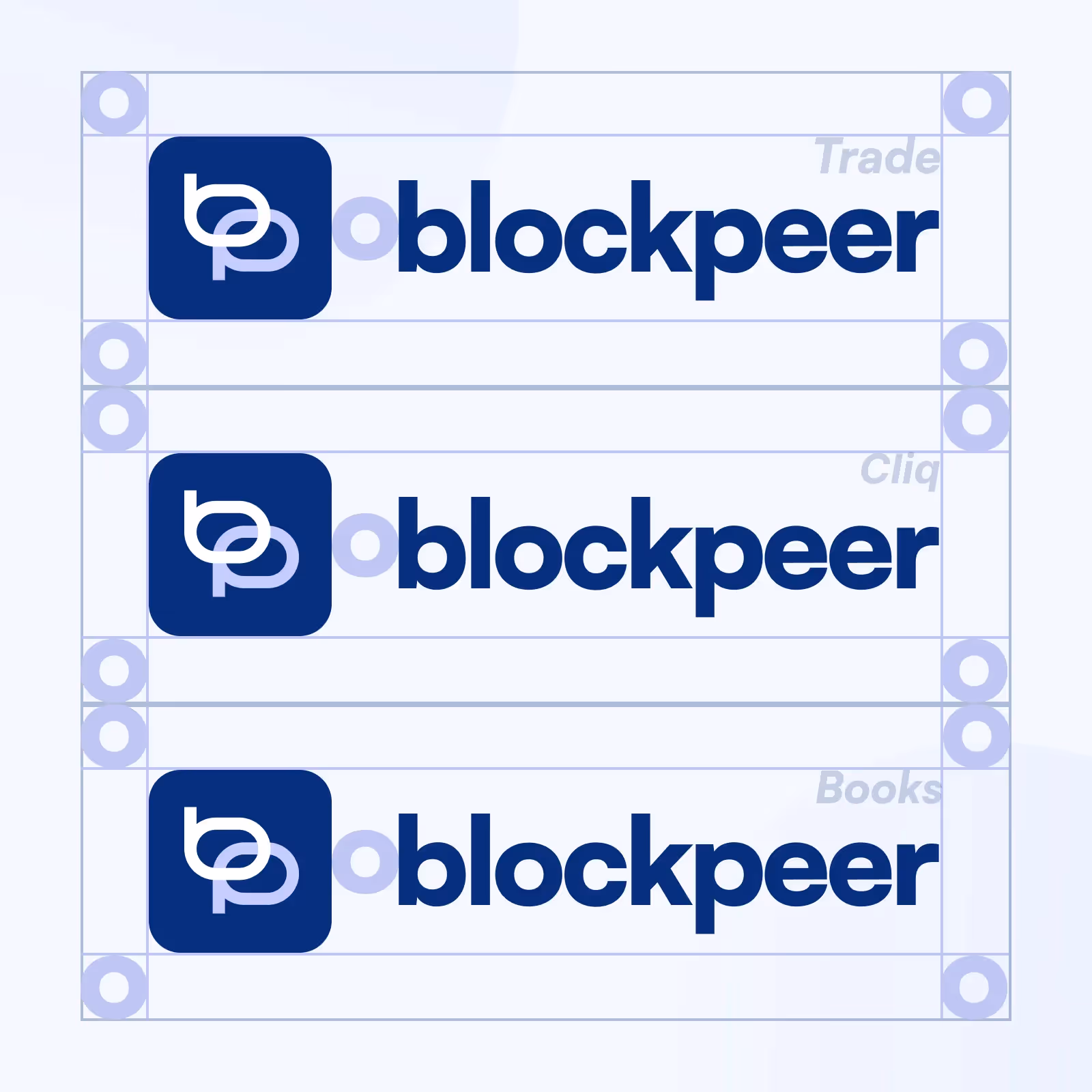 Blockpeer's logo variations divided amongst the products