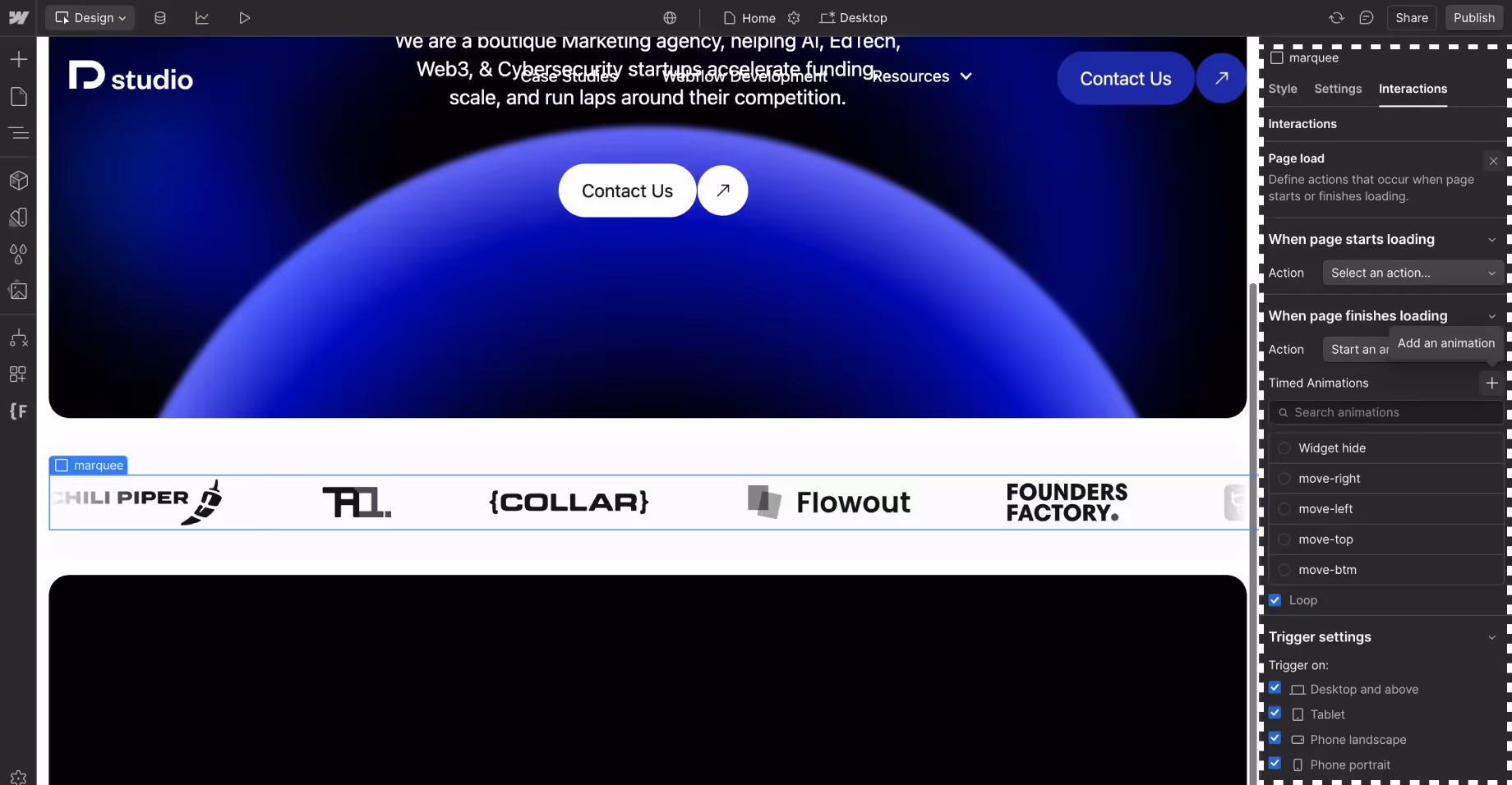 Step 9: Creating Animation in Webflow