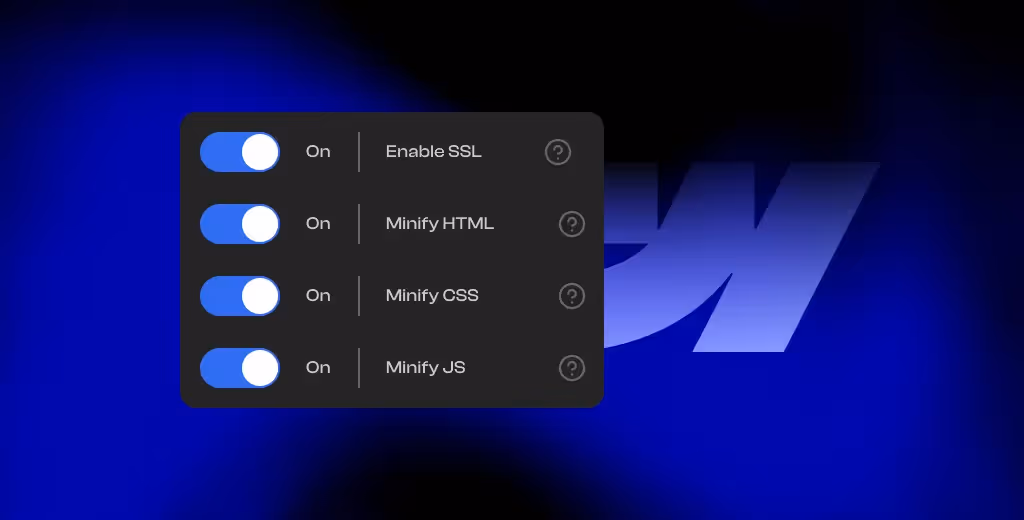 In site settings, under the "publishing" tab, the user can find the toggles for enabling SSL, Minifying HTML, Minifying CSS, and Minifying JavaScript