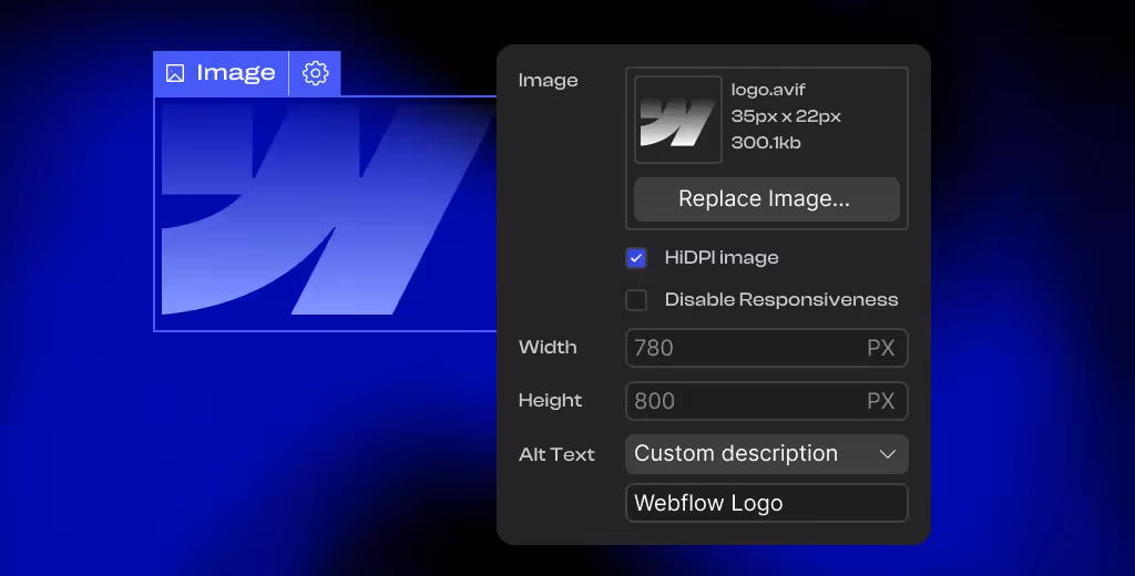 User can edit image settings including the addition of the alt texts.