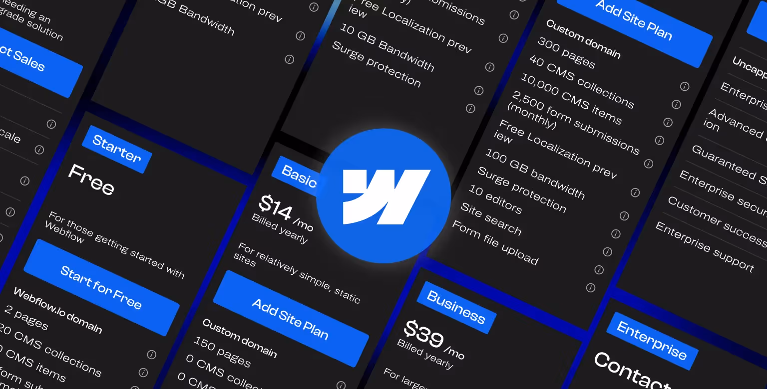 Compared to other development tools, Webflow is on higher end when talking about pricing