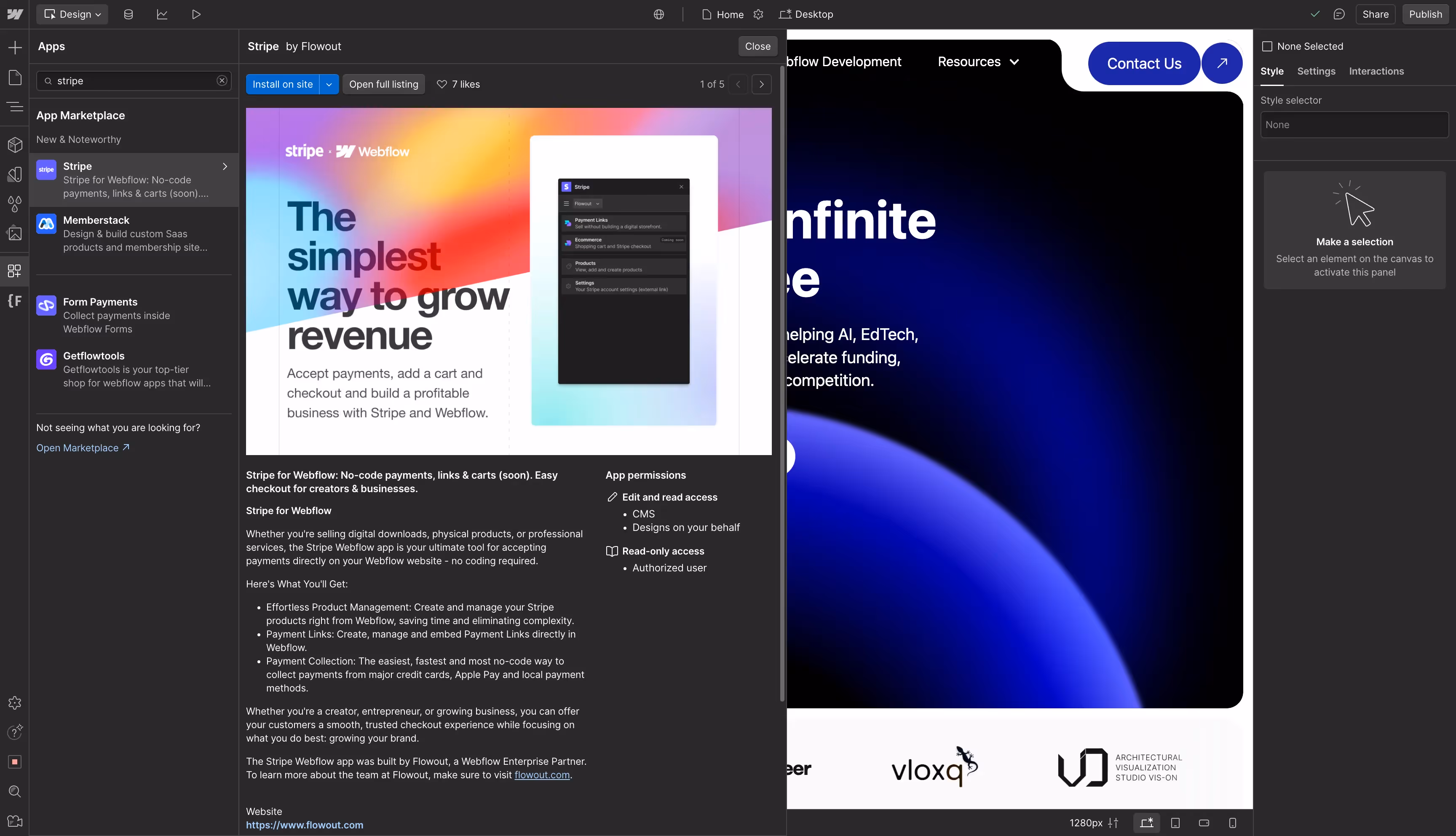 You can find the Stripe App in Webflow's app marketplace