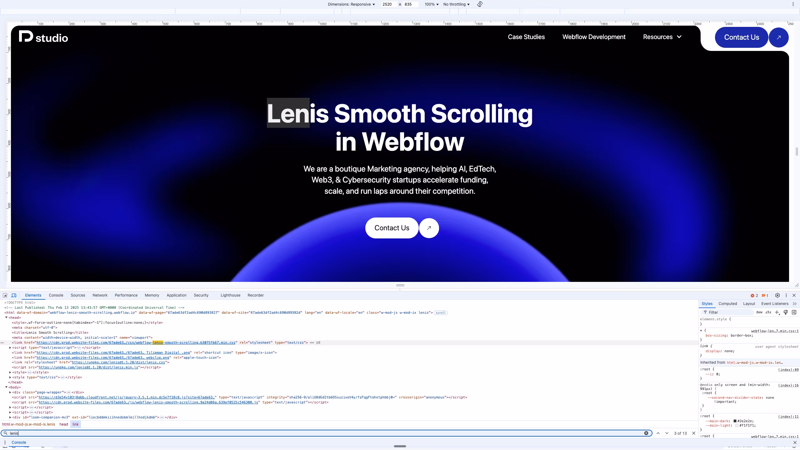 Inspecting code to debug Lenis Smooth Scrolling effect