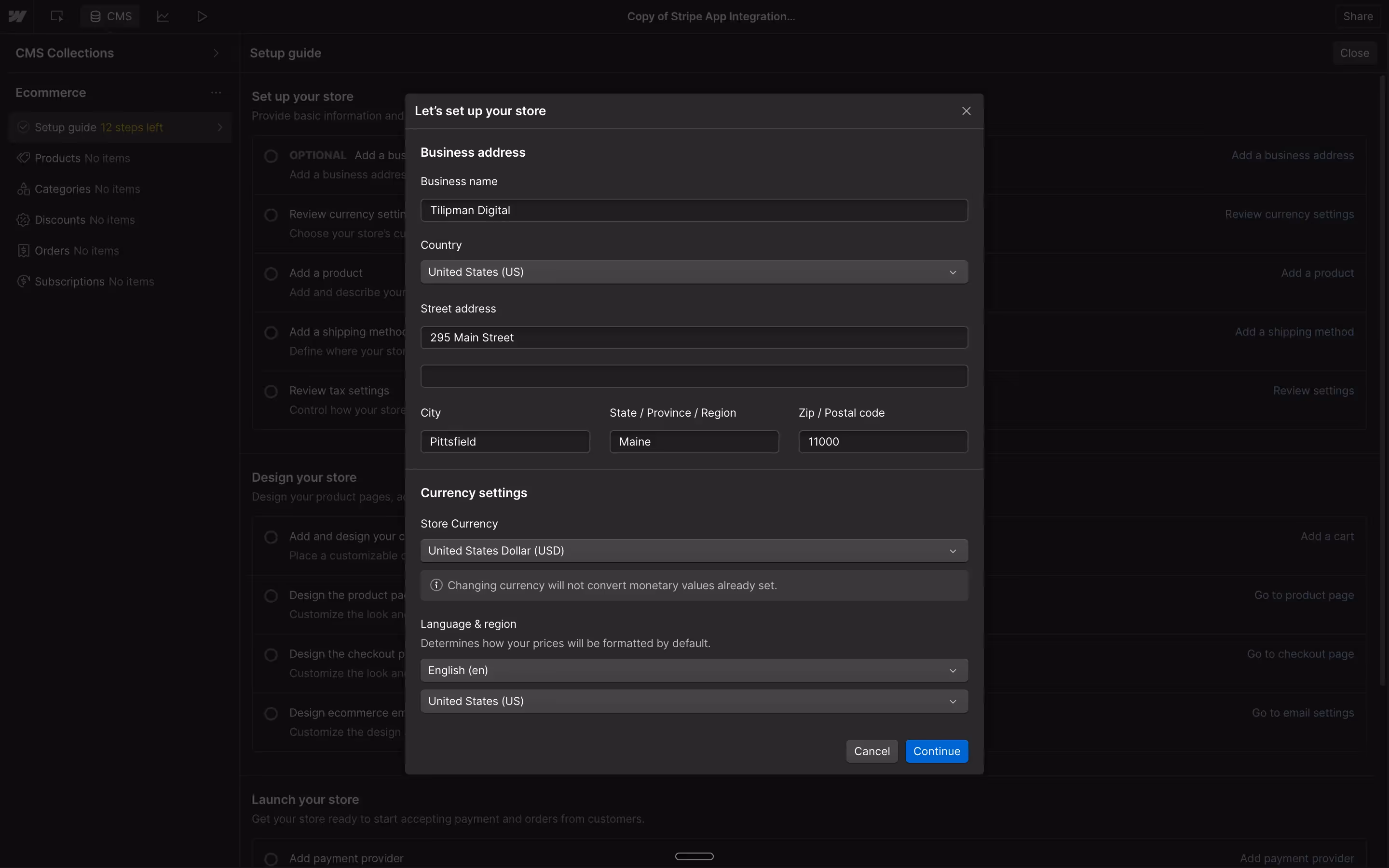 Setting up eCommerce Business Address in Webflow