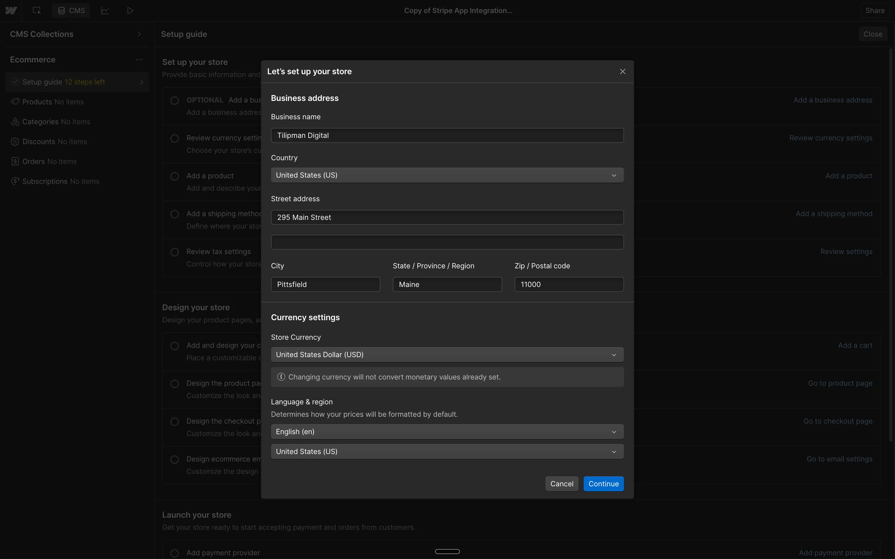 Setting up eCommerce Business Address in Webflow