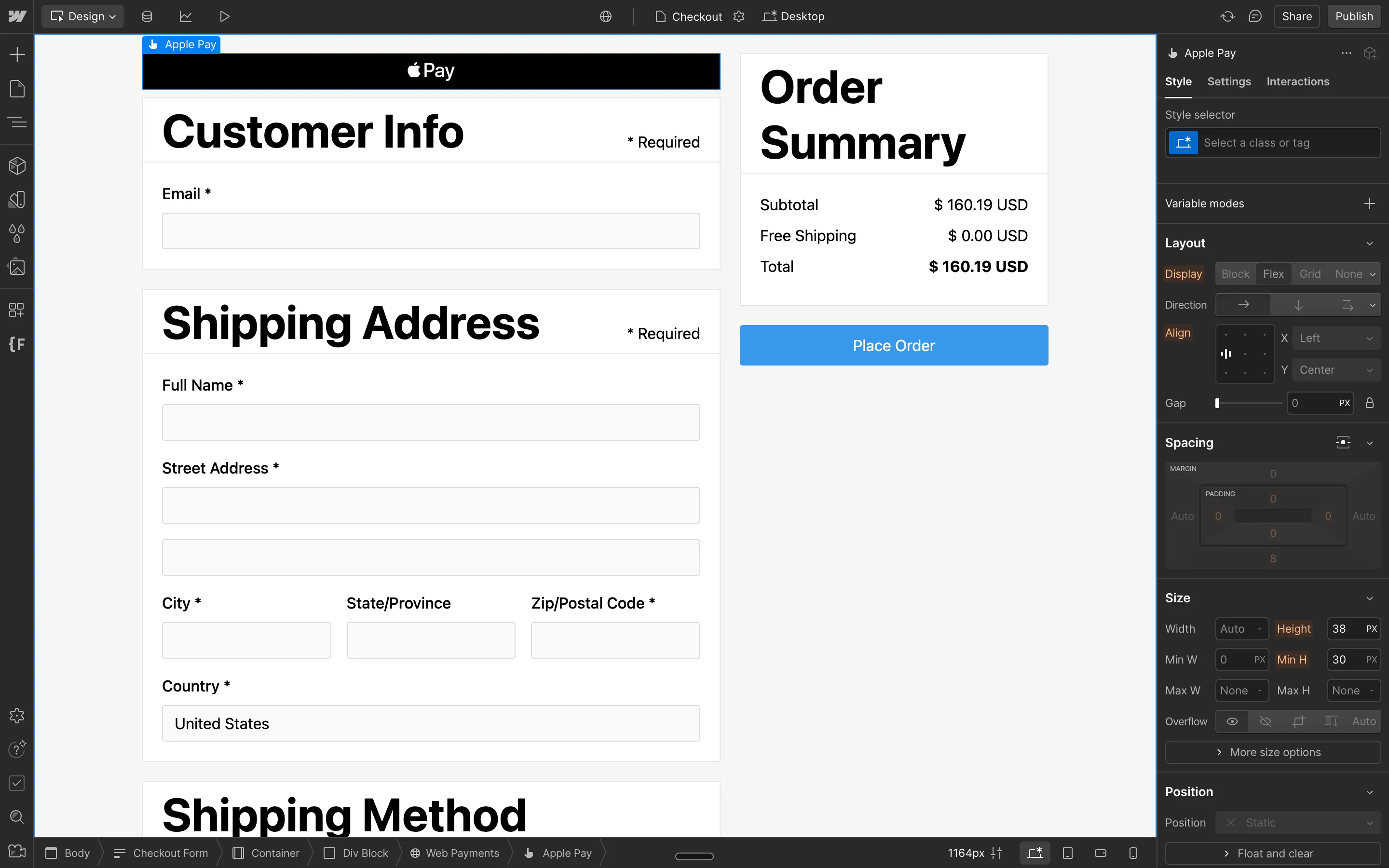 Checkout page design in Webflow