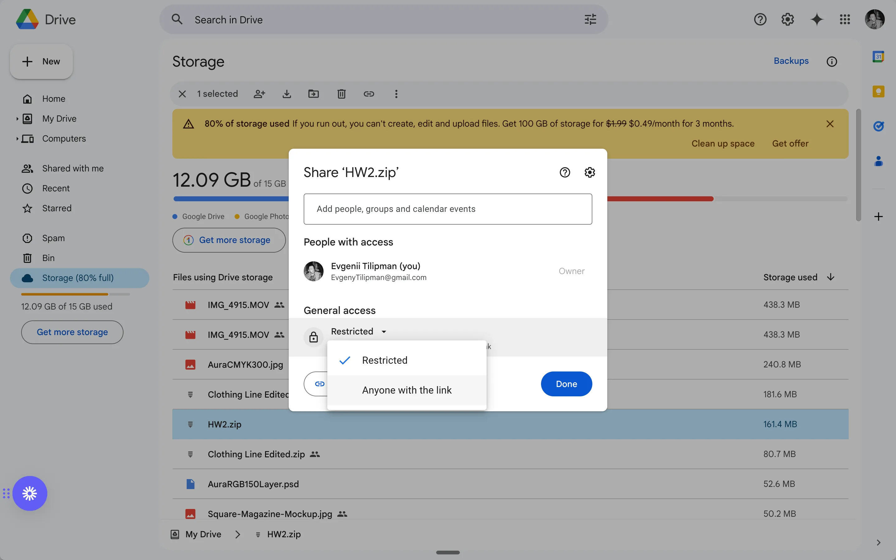 Copying Google Drive download link