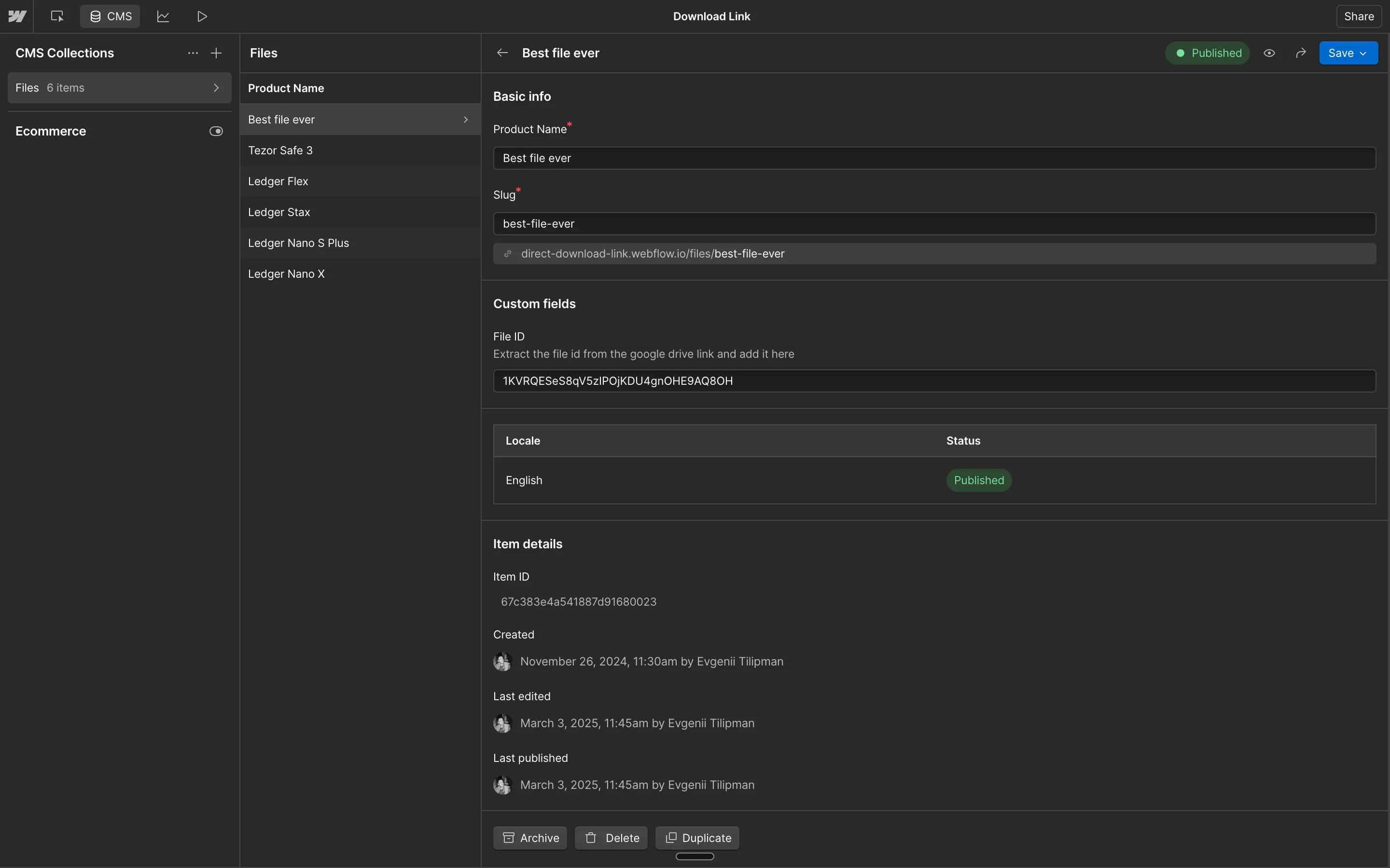 Hosting file ID in CMS for direct download links