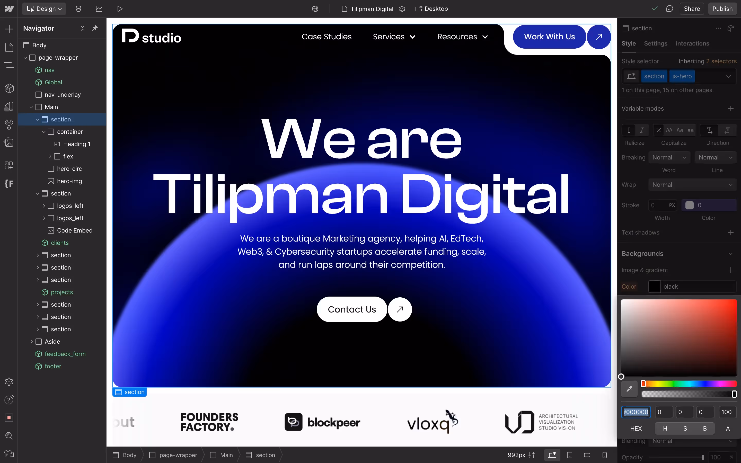 Change of Background Color in Webflow