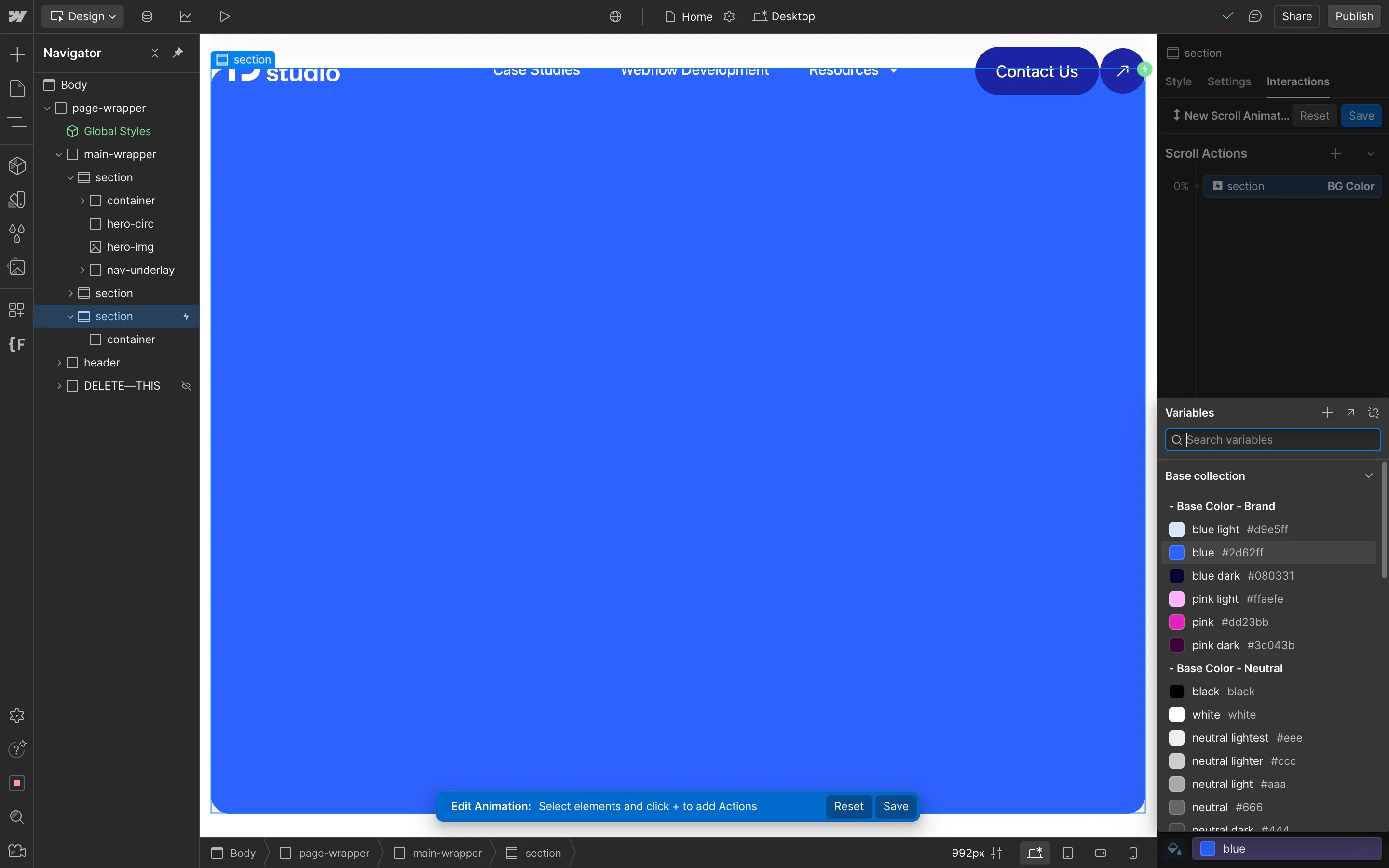 Changing Background Color on Scroll in Webflow
