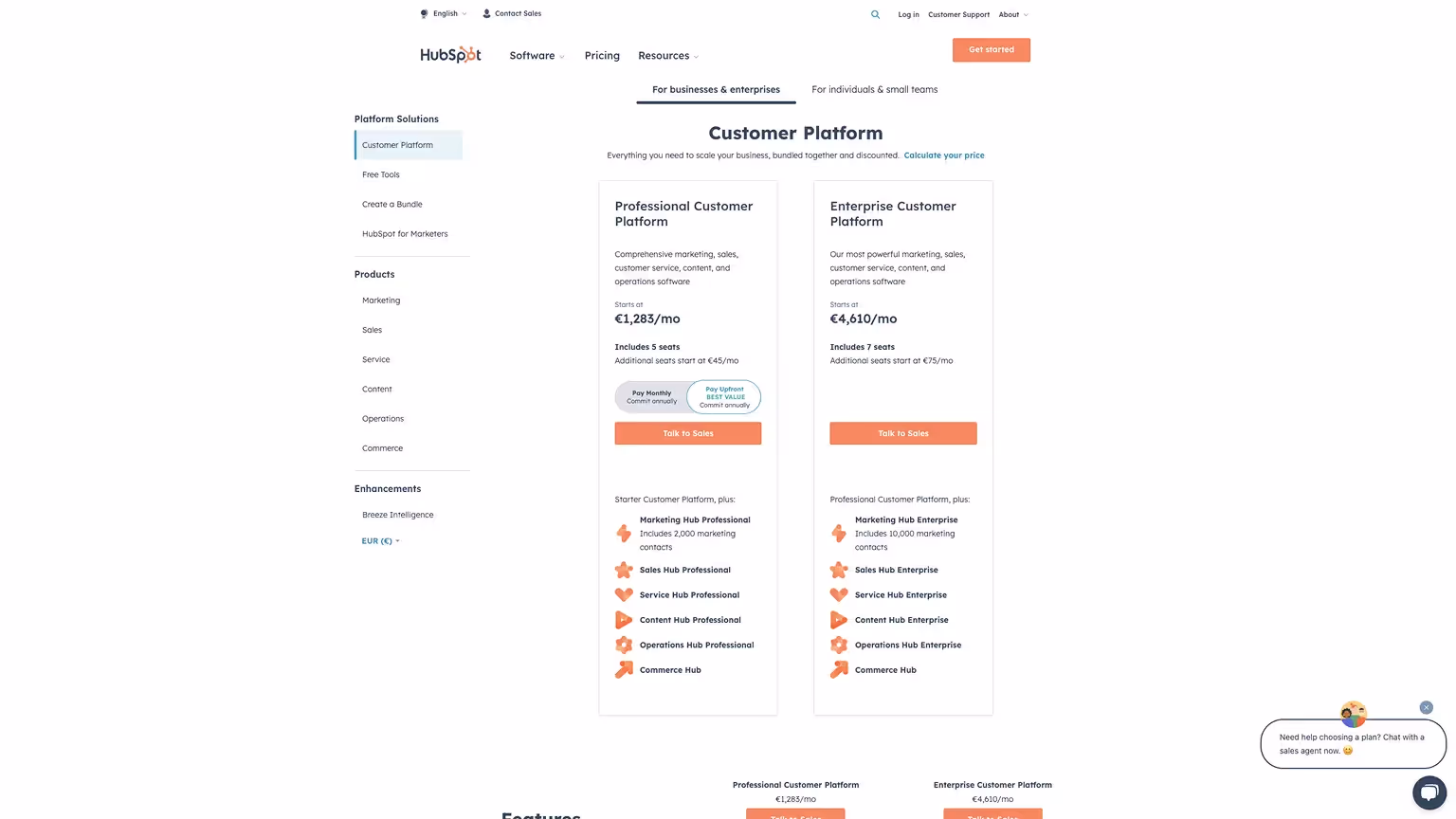 HubSpot vs Webflow — HubSpot Pricing Page