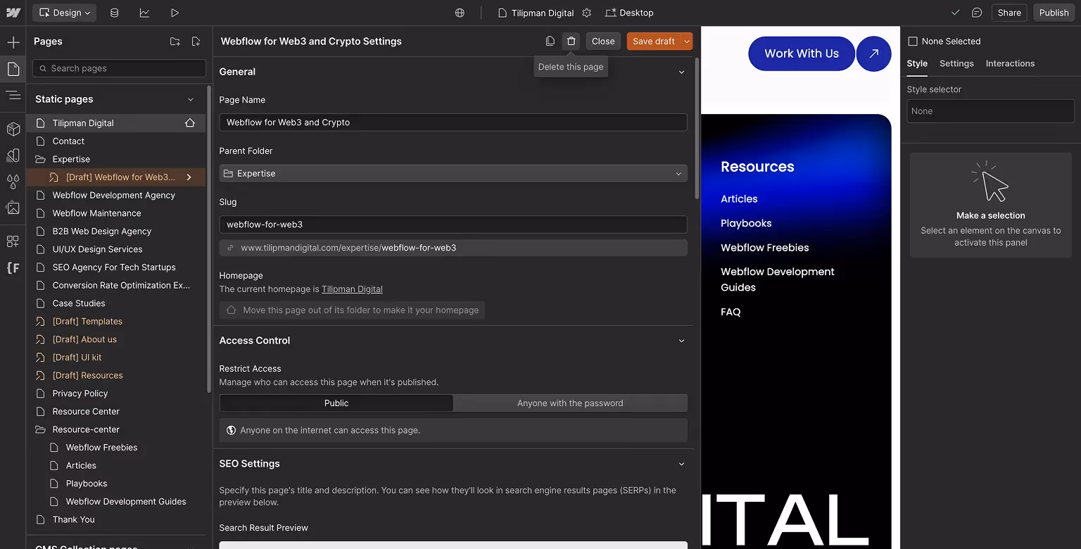 Delete Page in Webflow: Static Page