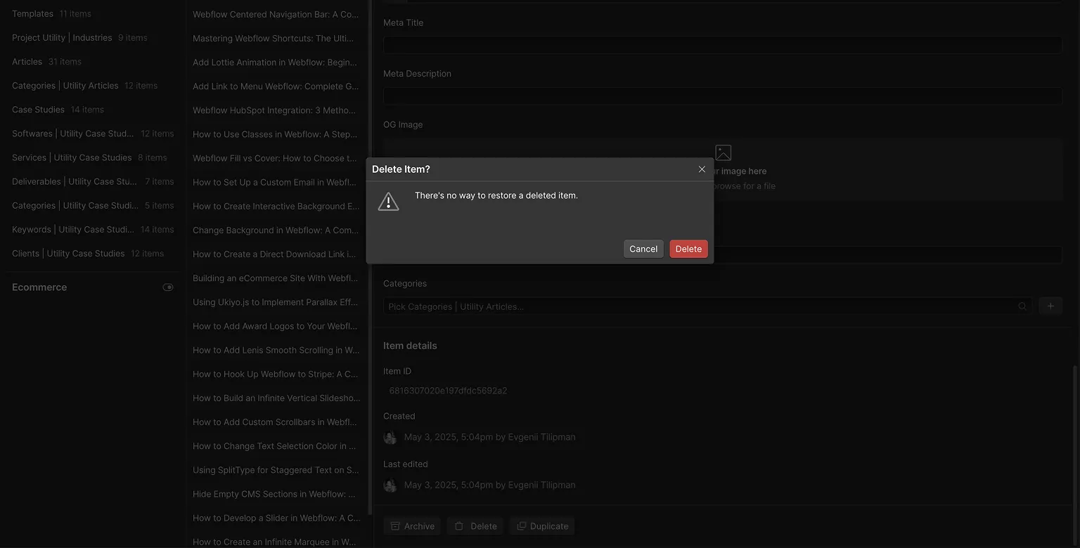 Delete Page in Webflow: Dynamic Page