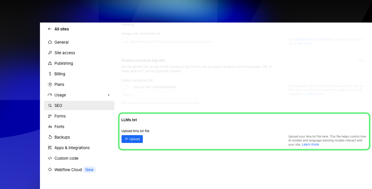 Uploading llms.txt in Webflow