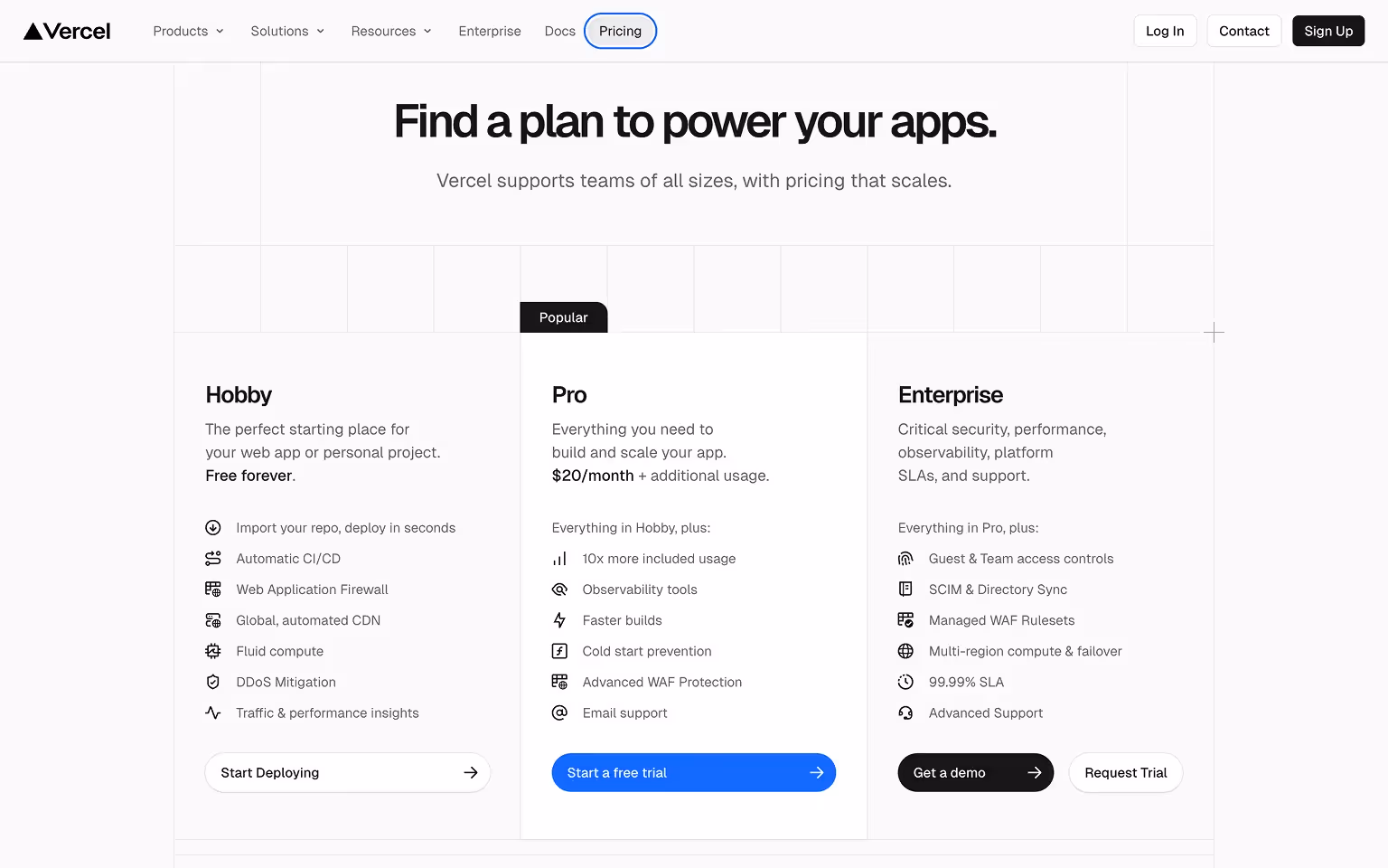 Vercel Pricing Page Example