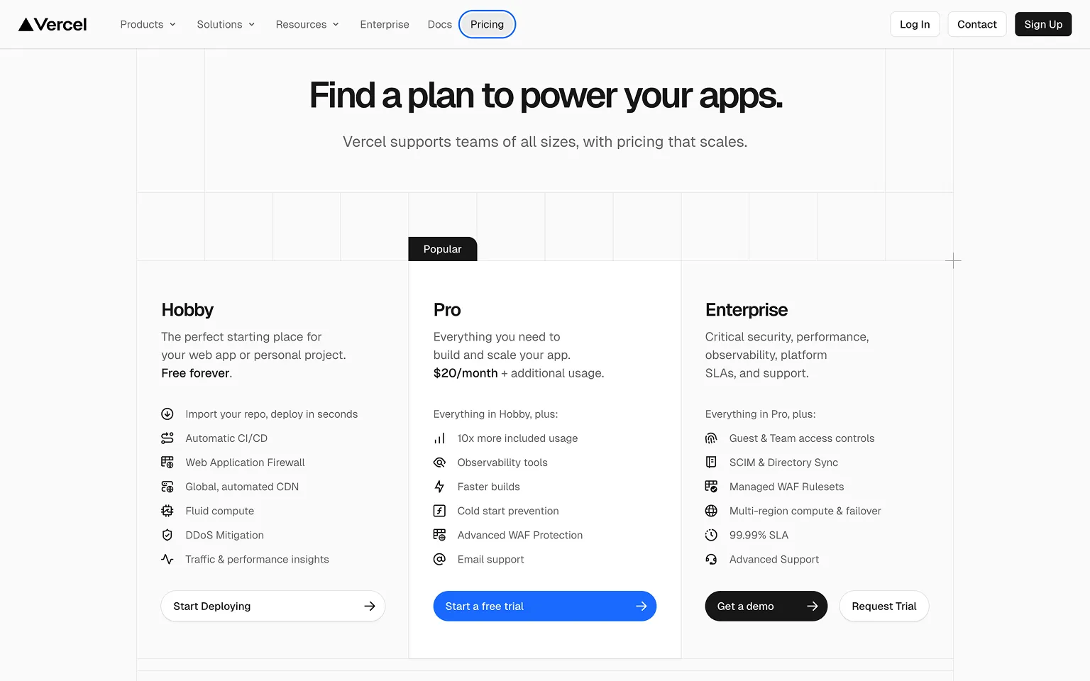 Vercel Pricing Page Example