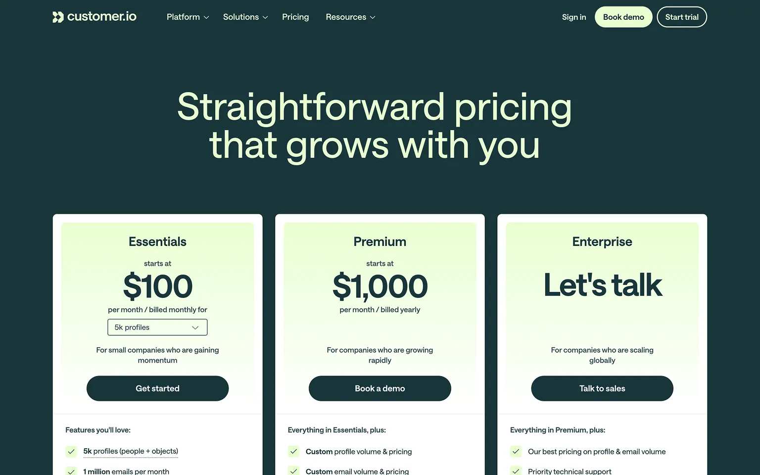 Customer.io Pricing Page Example