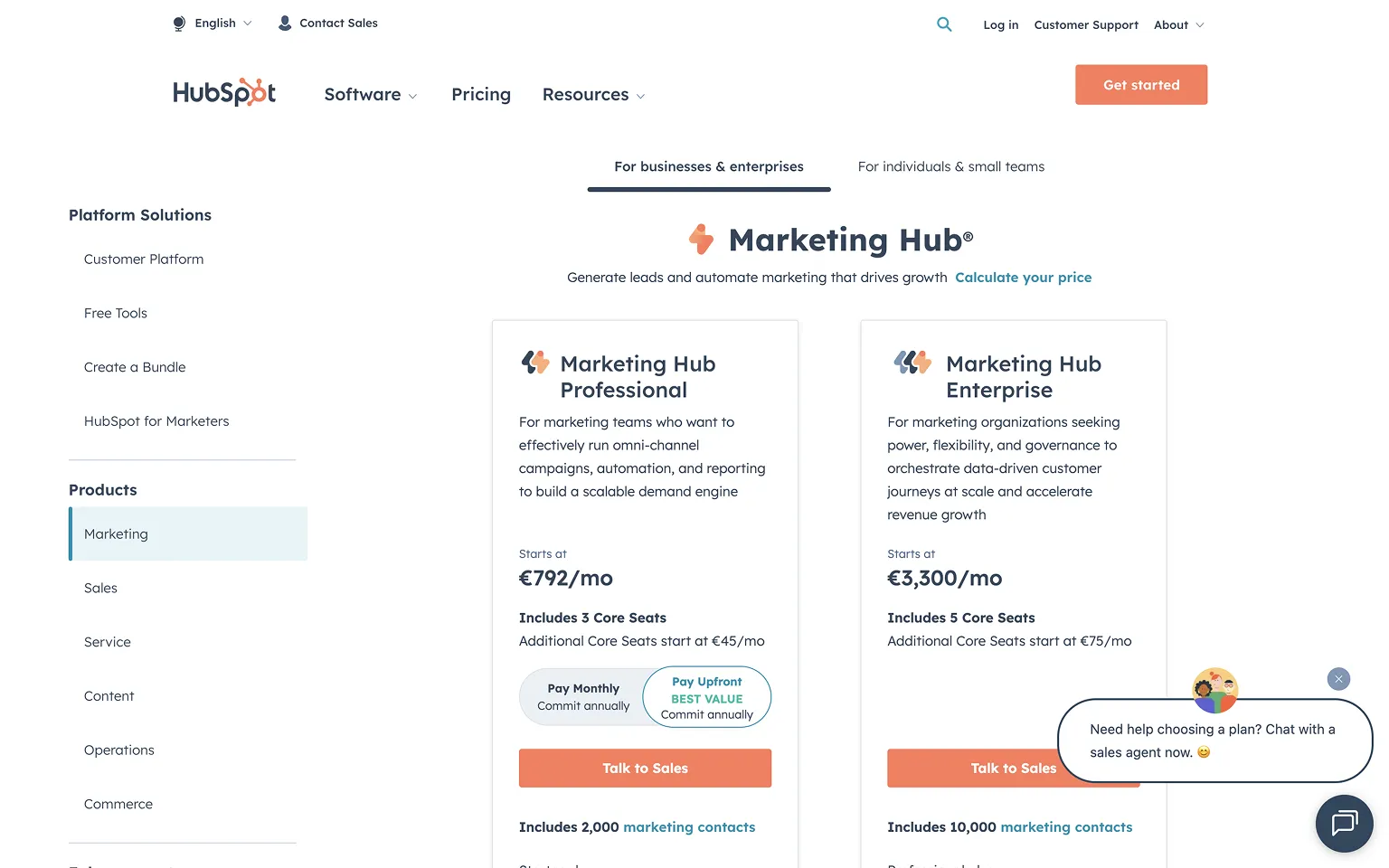 HubSpot Pricing Page Example
