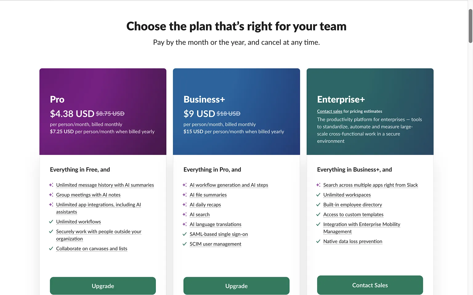 Slack Pricing Page Example