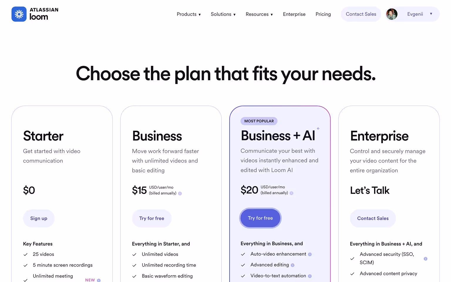 Loom Pricing Page Example