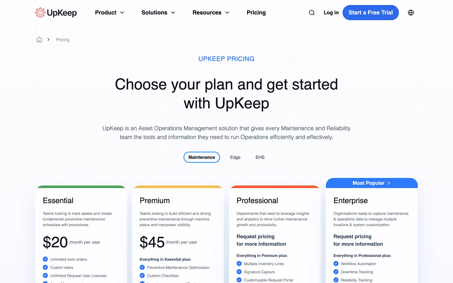 Upkeep Pricing Page Example