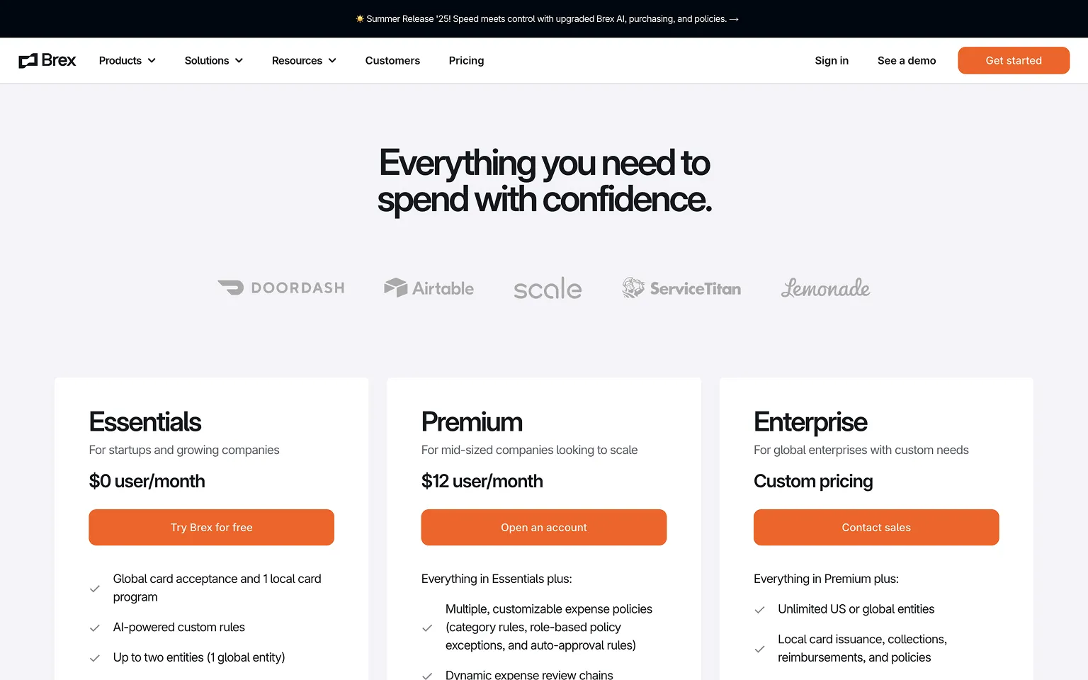 Brex Pricing Page Example