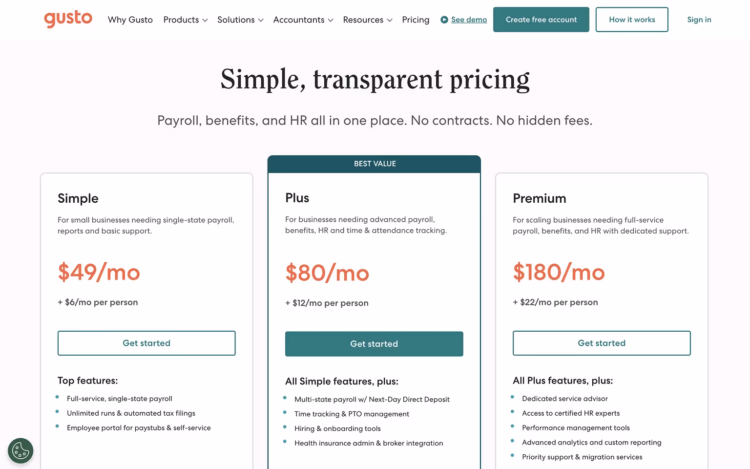 Gusto Pricing Page Example