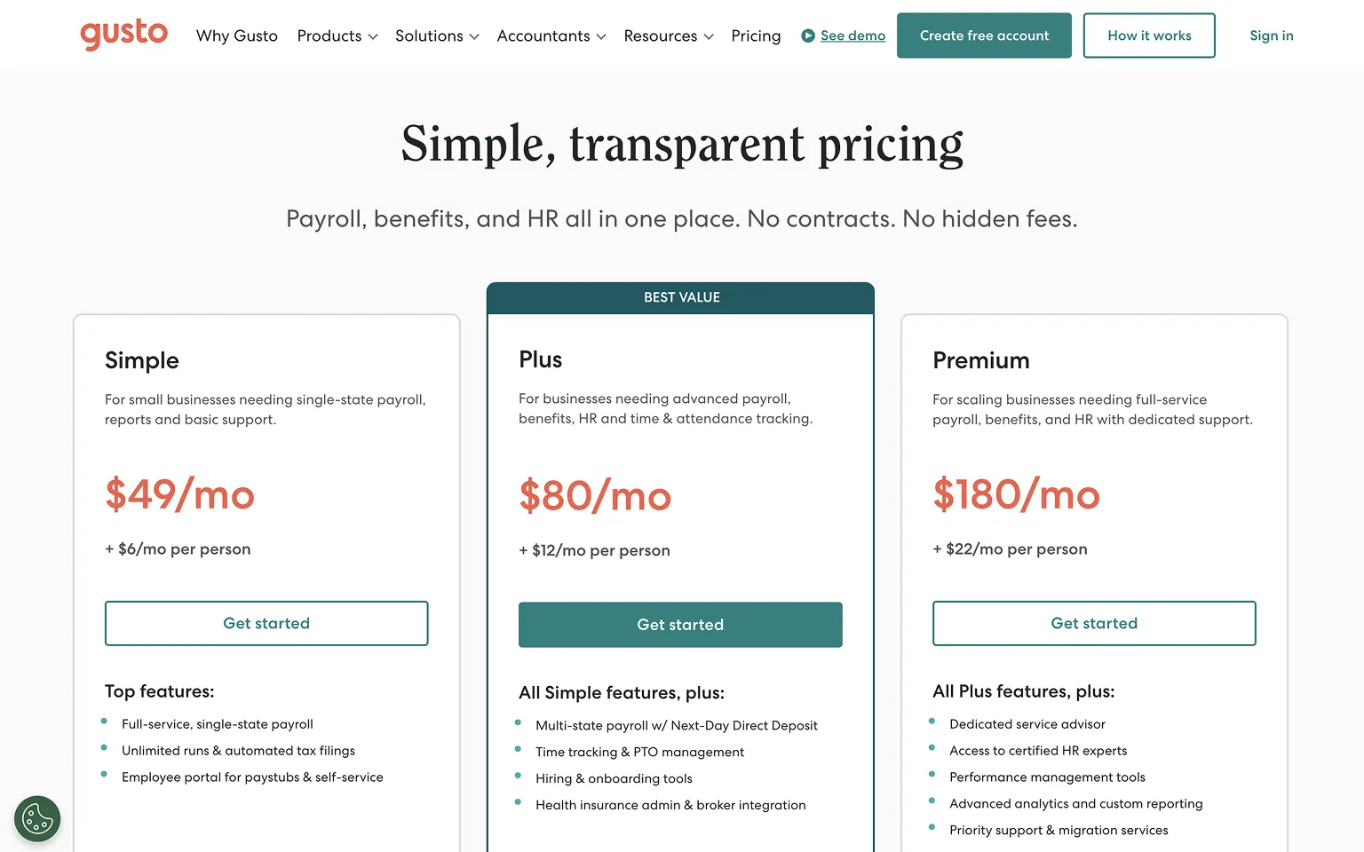 Gusto Pricing Page Example