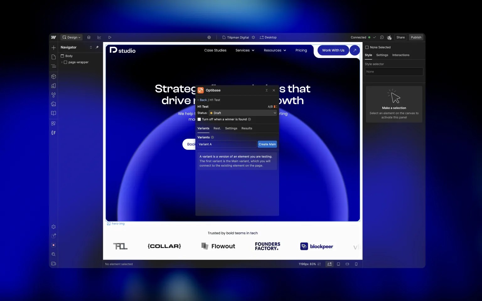 Designing variants using Optibase Webflow App
