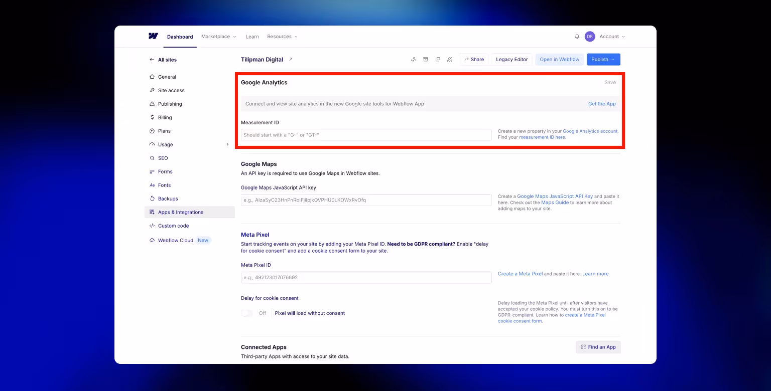 Webflow Google Analytics Integration: Measurement ID