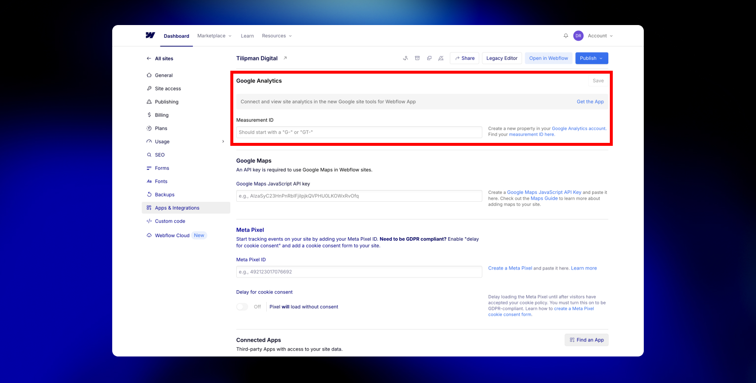 Webflow Google Analytics Integration: Measurement ID