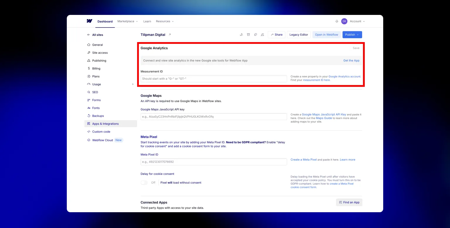 Webflow Google Analytics Integration: Measurement ID