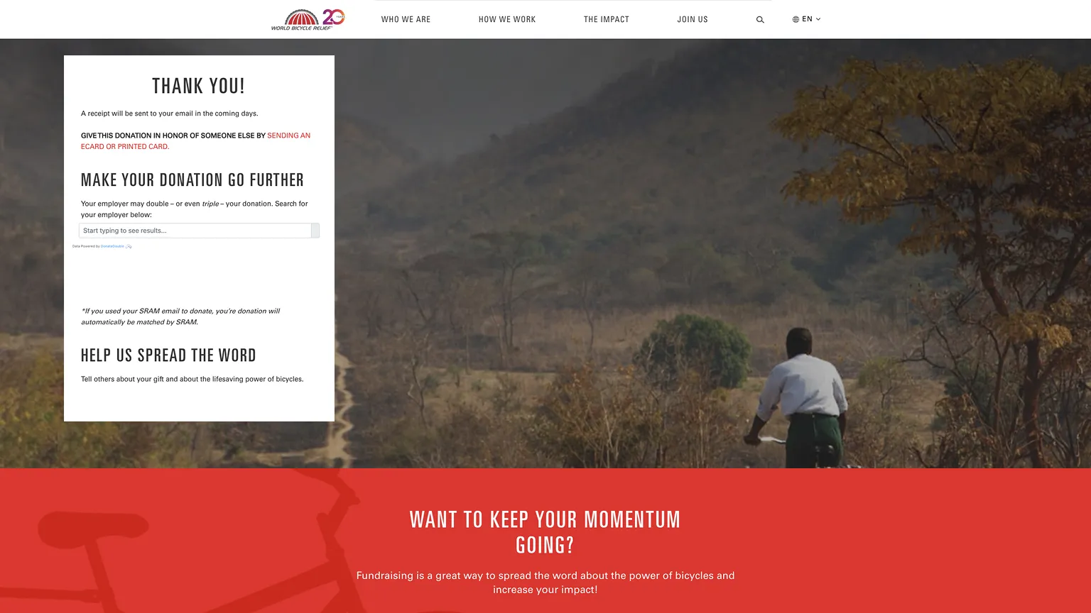 World Bycicle Relief Donation Thank You Page Example