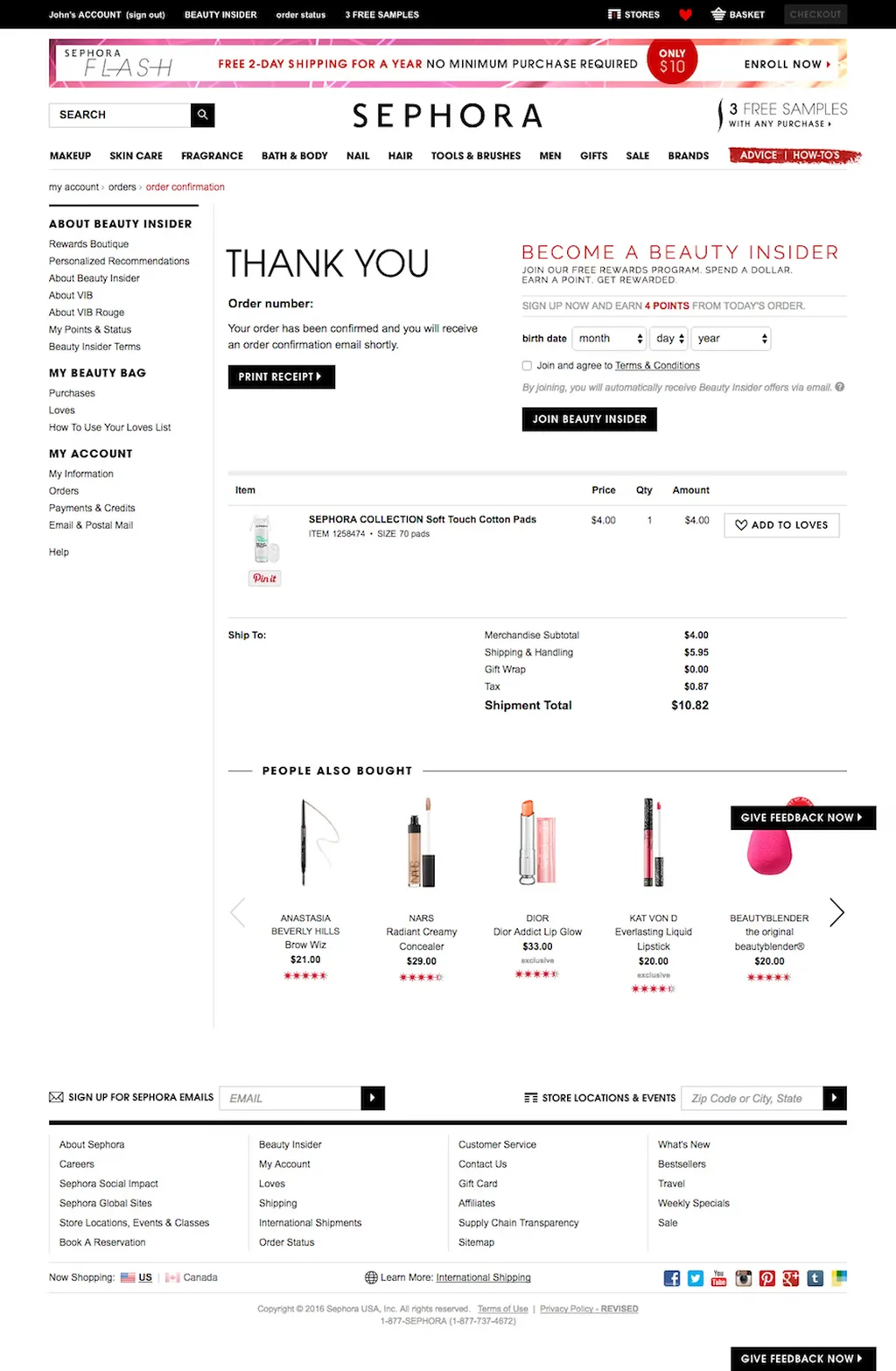 Sephora Best Eccomerce Thank You Page Example