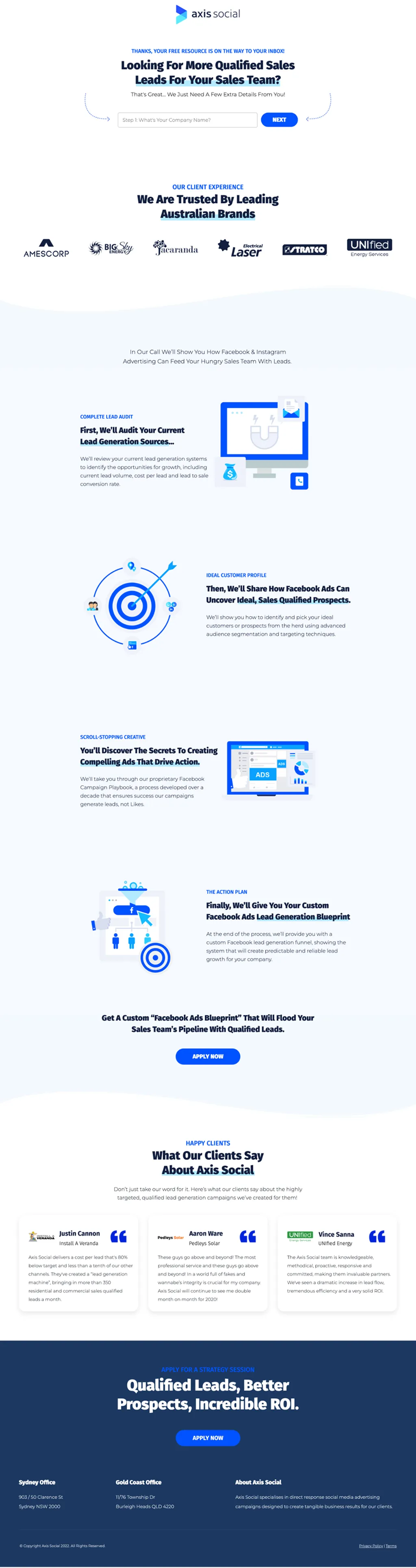 Lead-gen thank you page example axis social