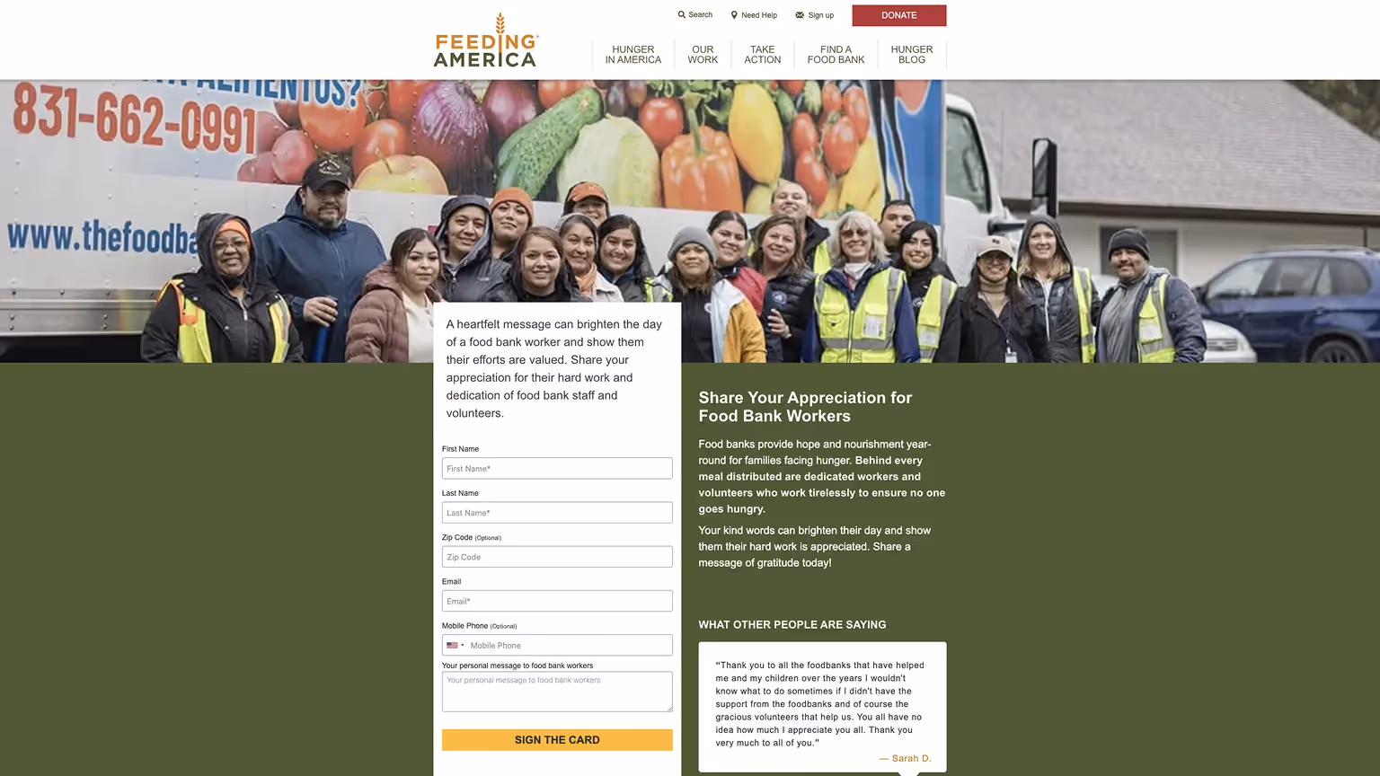 Feeding America Donation Thank You Page Example