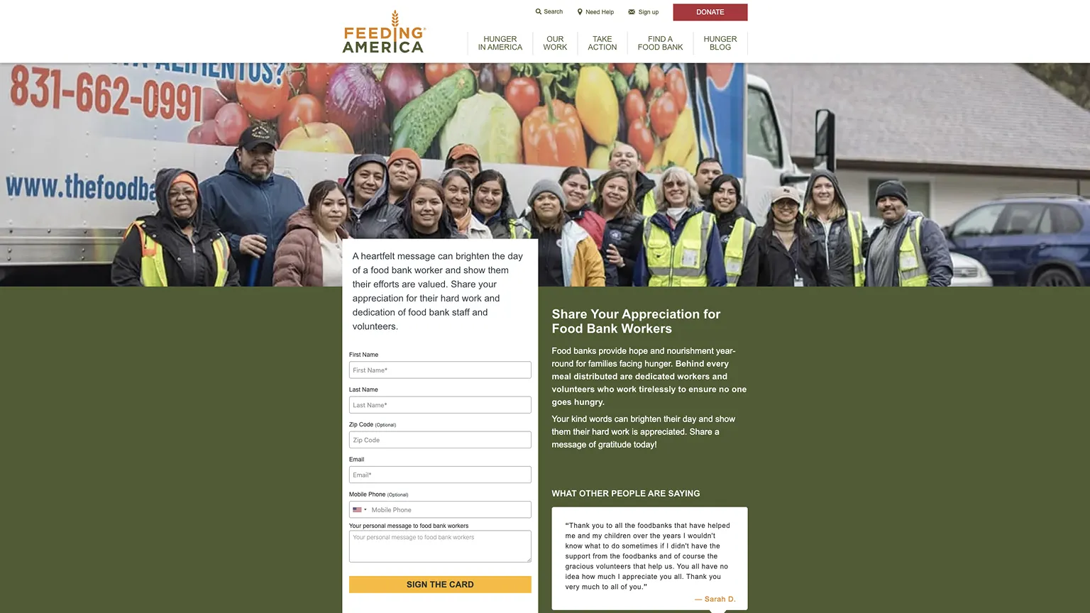 Feeding America Donation Thank You Page Example
