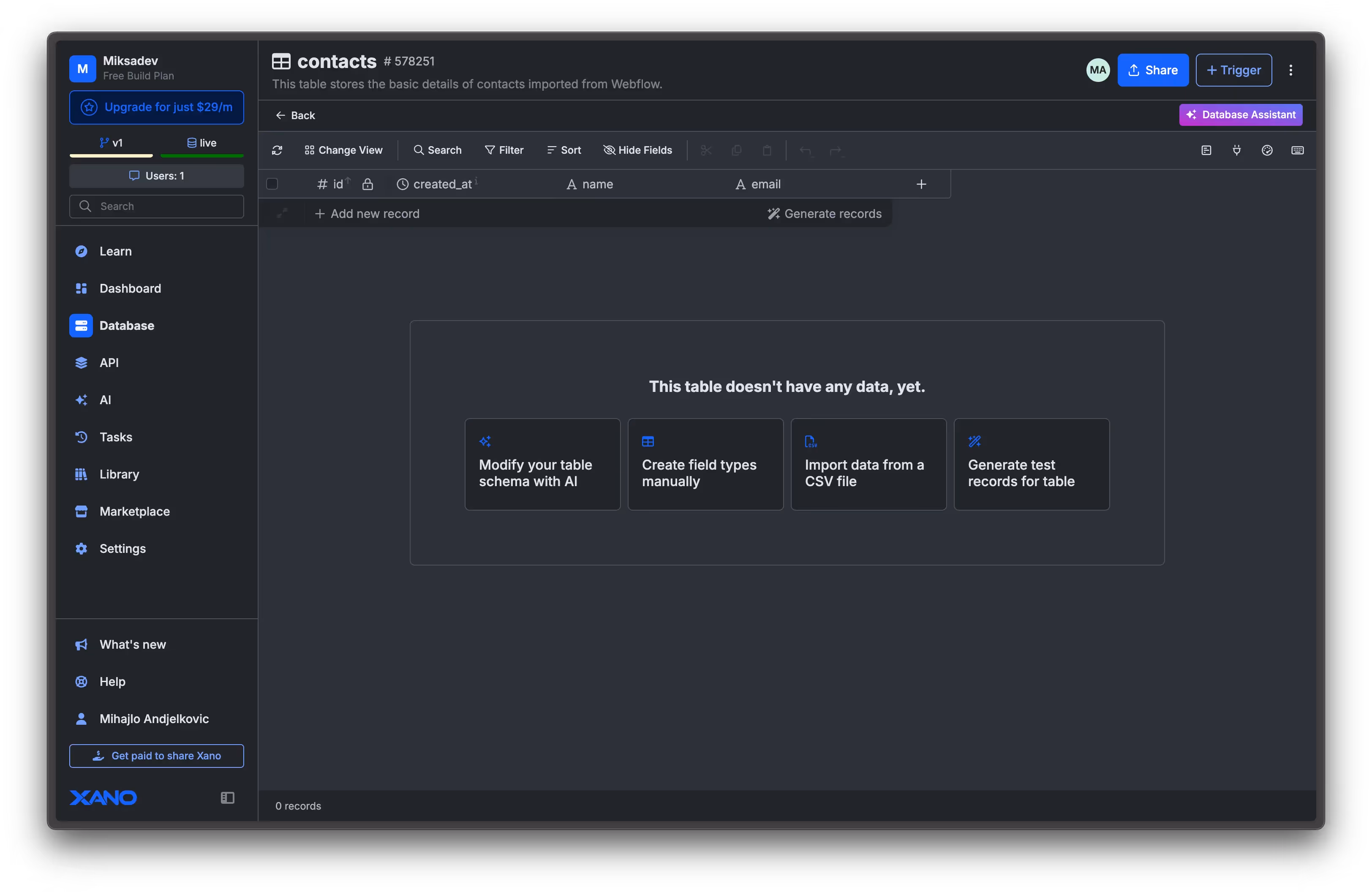 Create Contacts table in Xano