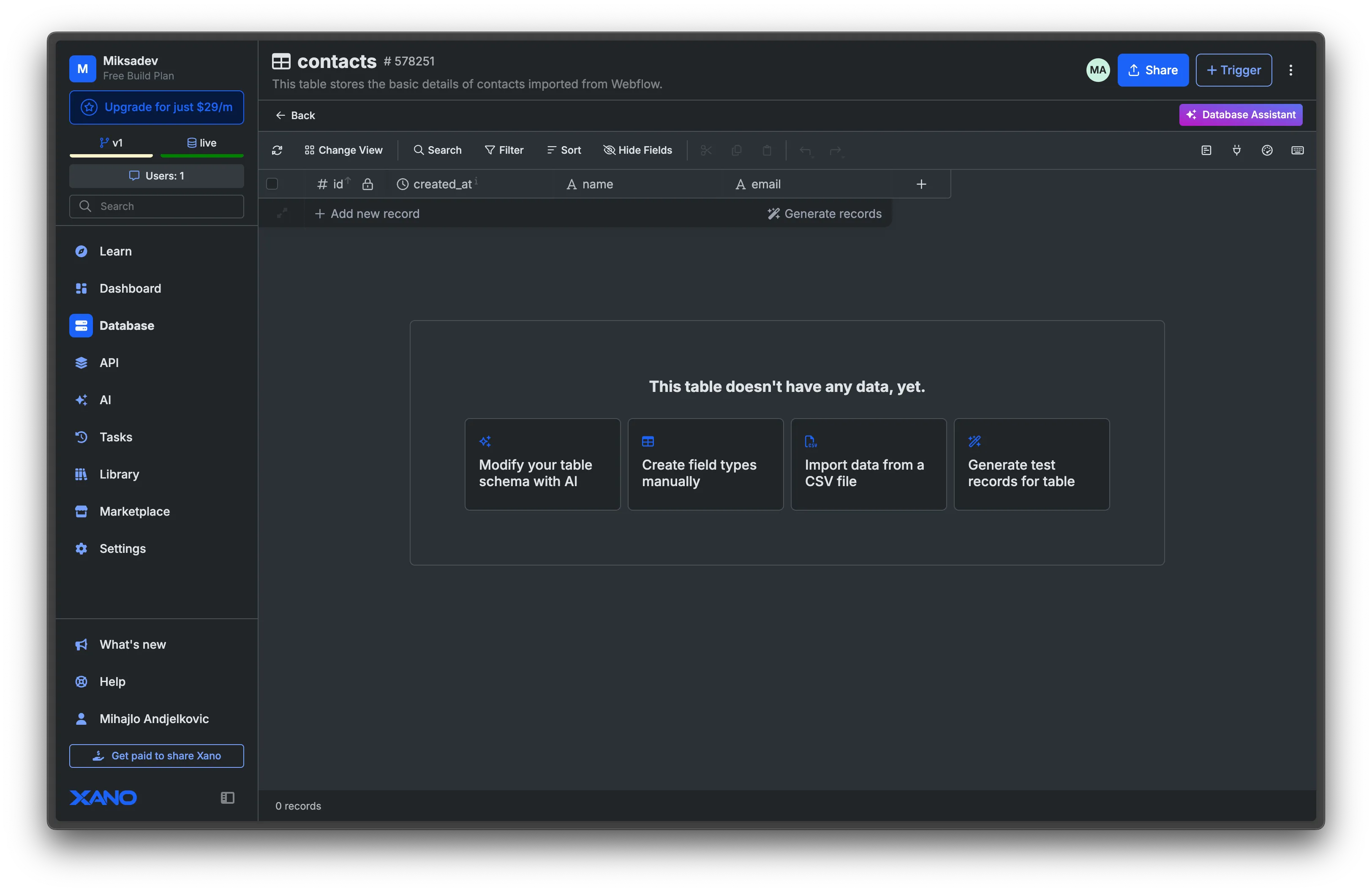 Create Contacts table in Xano