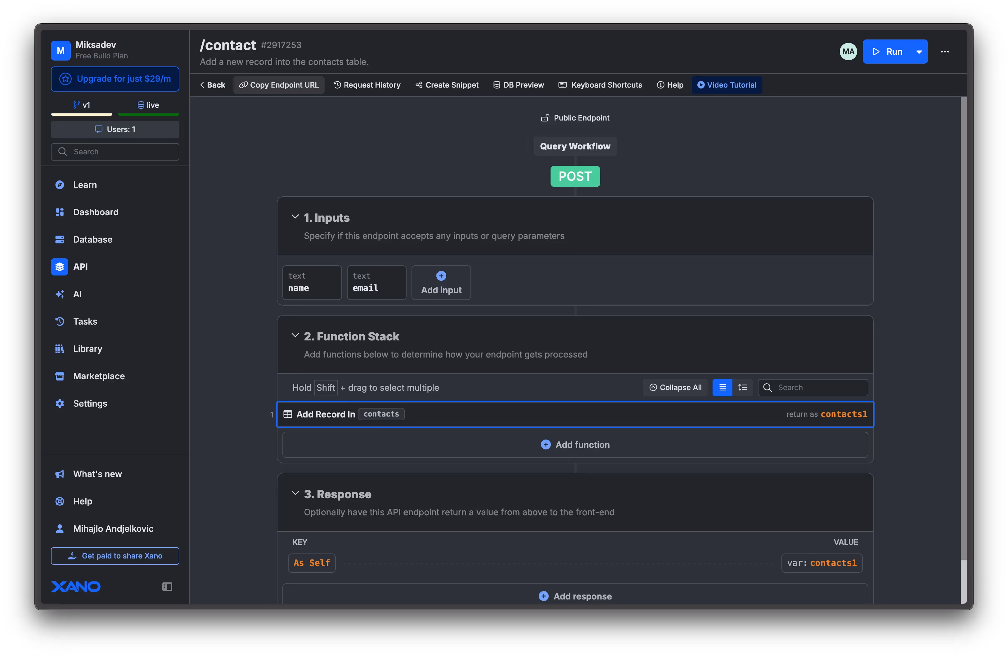 Adding record in Xano's function stack