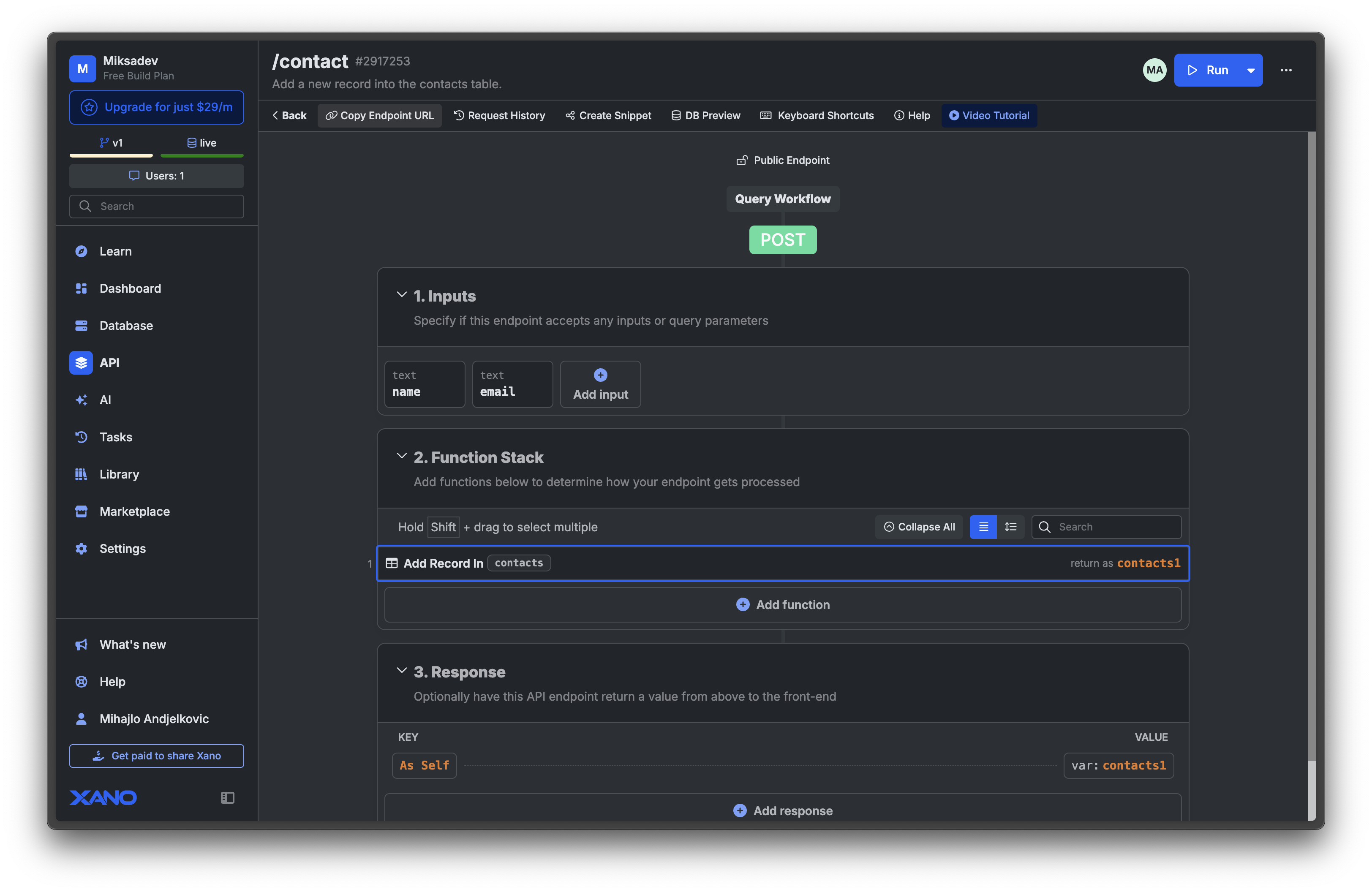 Adding record in Xano's function stack