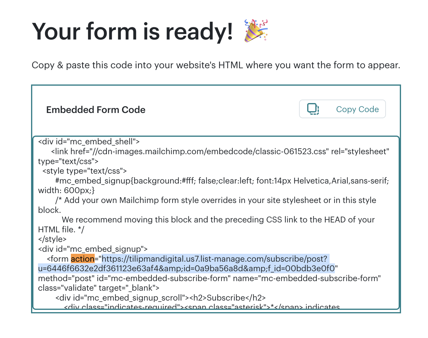 Copying Mailchimp's Form Action to Webflow